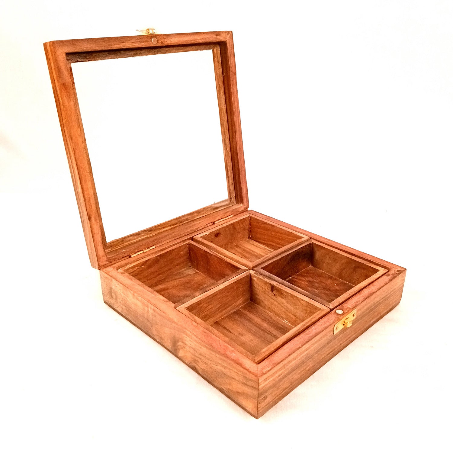 Wooden Spice Box with 4 Partitions | Dry Fruit Box | Spice Container - for Kitchen, Masala Dabba, Namakdani, Wooden Masala Box - 8 Inch - Apkamart