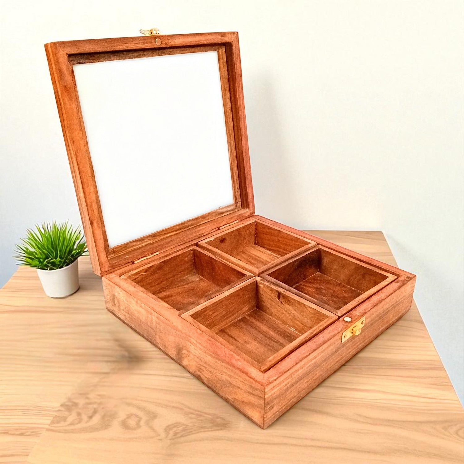Wooden Spice Box with 4 Partitions | Dry Fruit Box | Spice Container - for Kitchen, Masala Dabba, Namakdani, Wooden Masala Box - 8 Inch - Apkamart