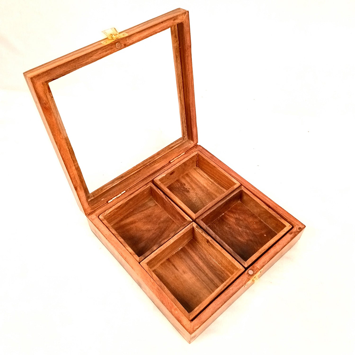 Wooden Spice Box with 4 Partitions | Dry Fruit Box | Spice Container - for Kitchen, Masala Dabba, Namakdani, Wooden Masala Box - 8 Inch - Apkamart