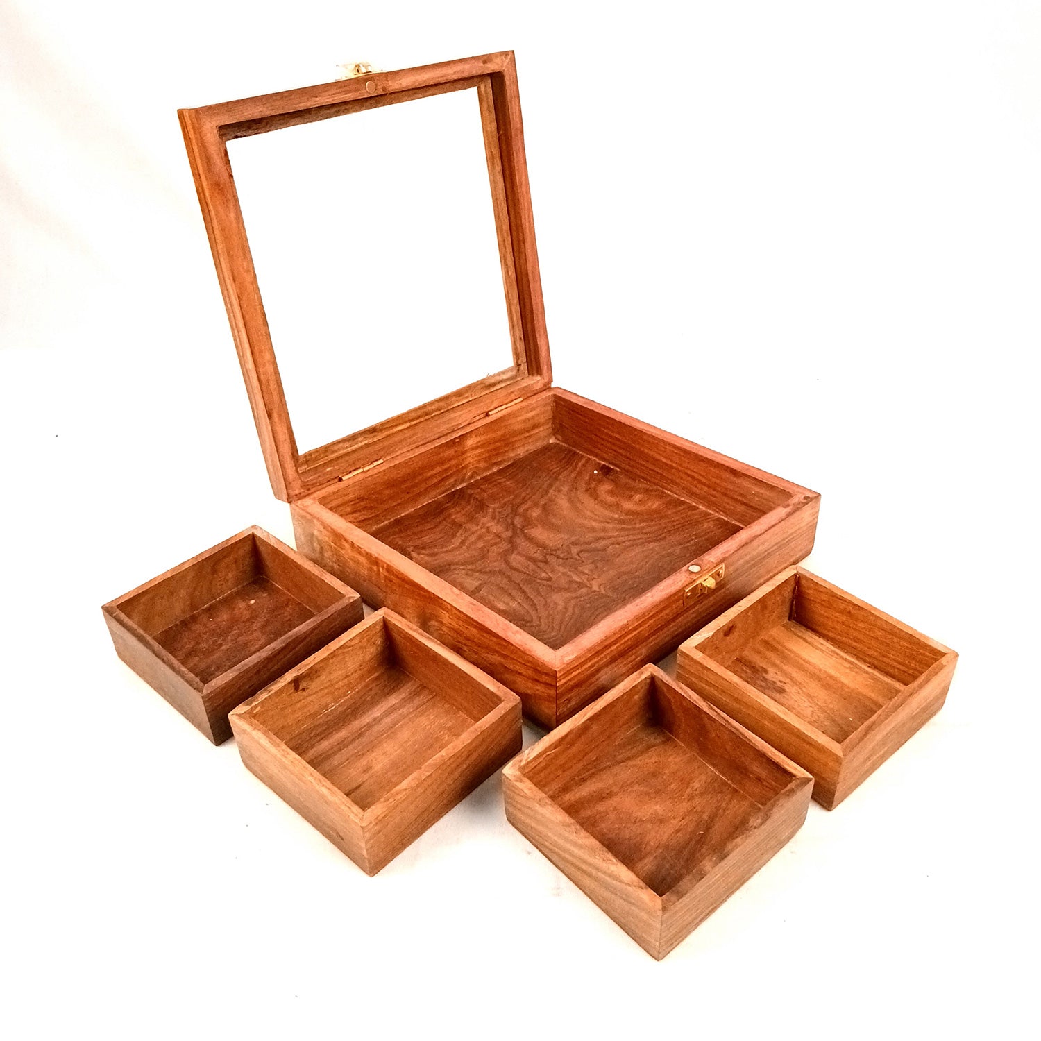 Wooden Spice Box with 4 Partitions | Dry Fruit Box | Spice Container - for Kitchen, Masala Dabba, Namakdani, Wooden Masala Box - 8 Inch - Apkamart