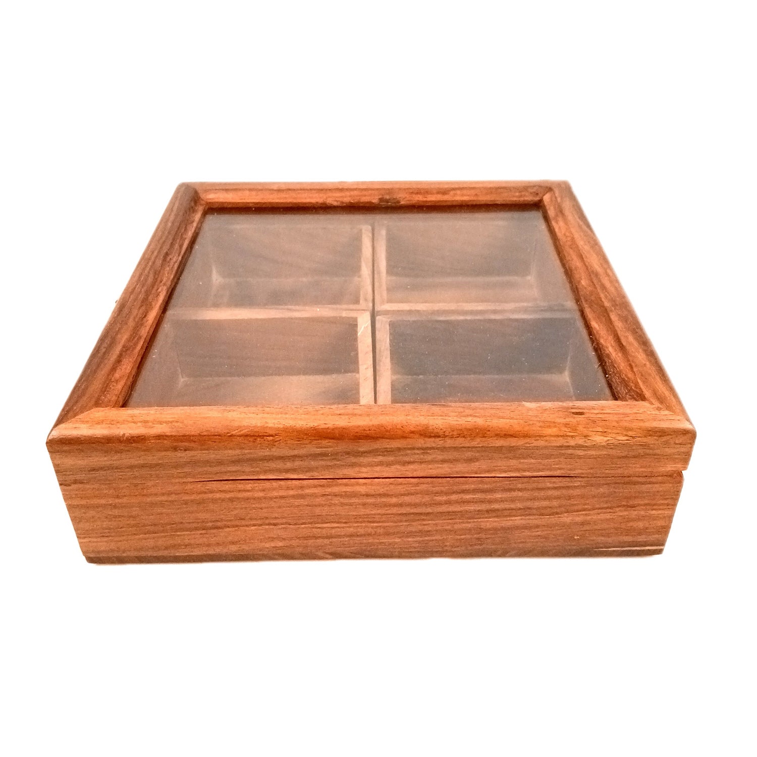 Wooden Spice Box with 4 Partitions | Dry Fruit Box | Spice Container - for Kitchen, Masala Dabba, Namakdani, Wooden Masala Box - 8 Inch - Apkamart