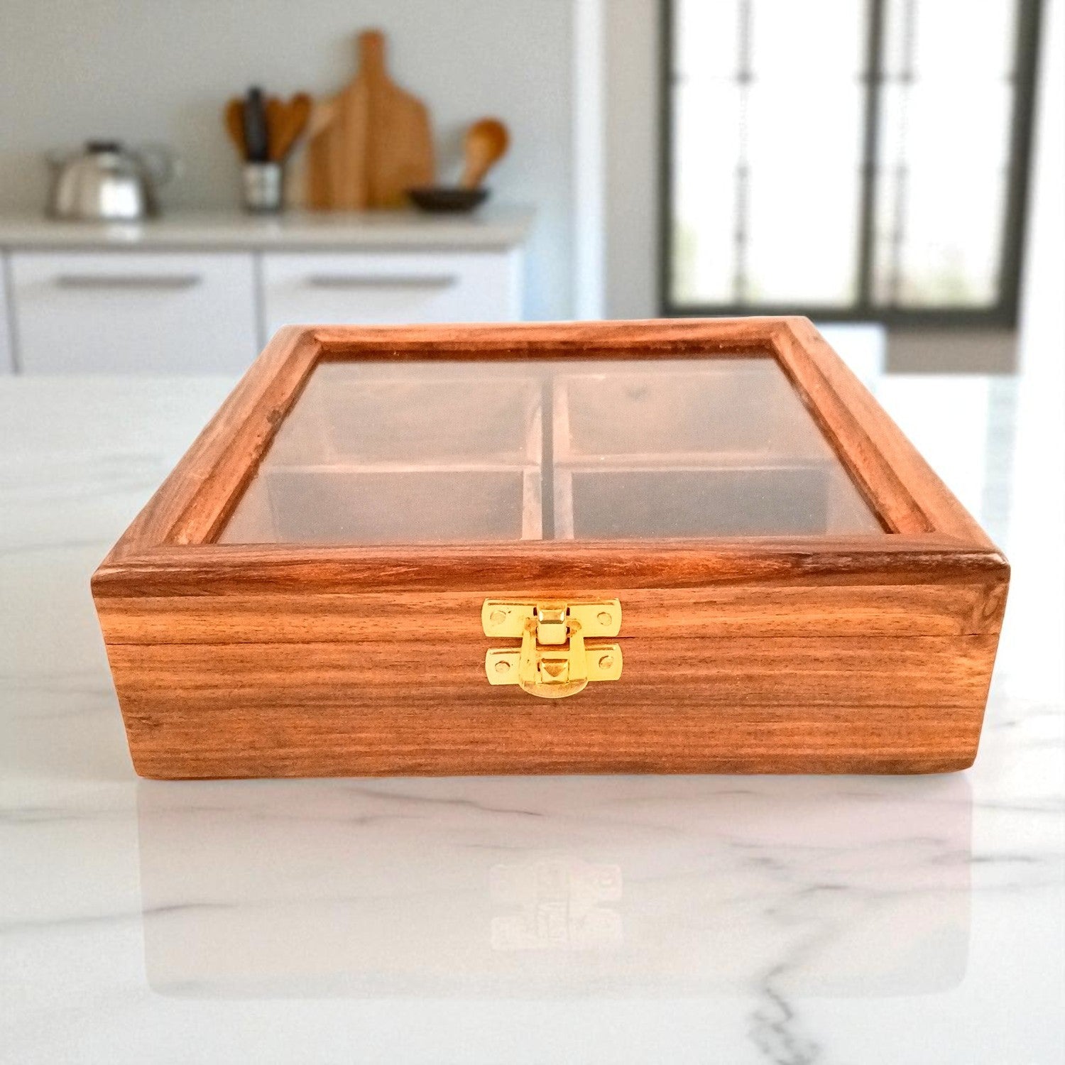 Wooden Spice Box with 4 Partitions | Dry Fruit Box | Spice Container - for Kitchen, Masala Dabba, Namakdani, Wooden Masala Box - 8 Inch - Apkamart