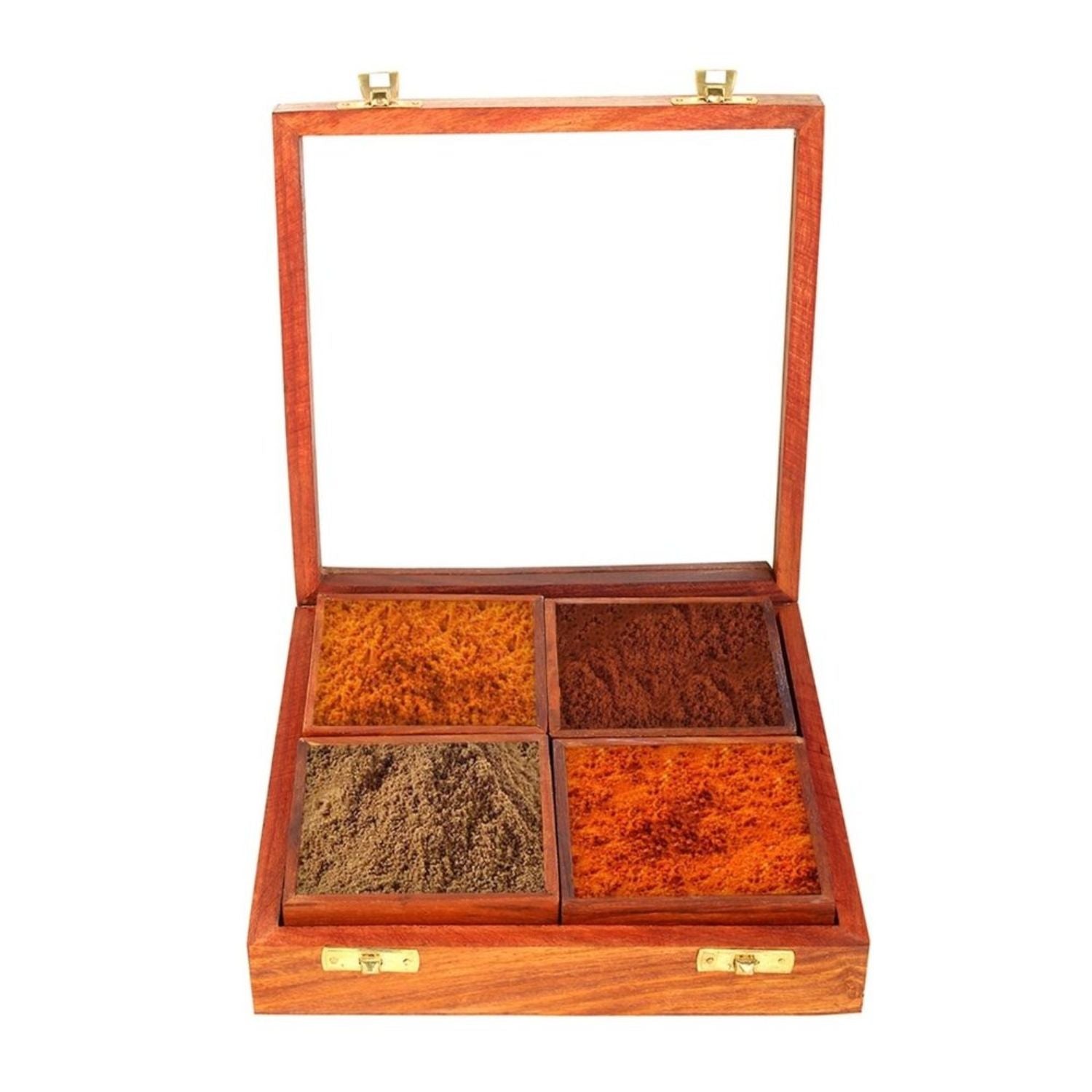Wooden Spice Box with 4 Partitions | Dry Fruit Box | Spice Container - for Kitchen, Masala Dabba, Namakdani, Wooden Masala Box - 8 Inch - Apkamart