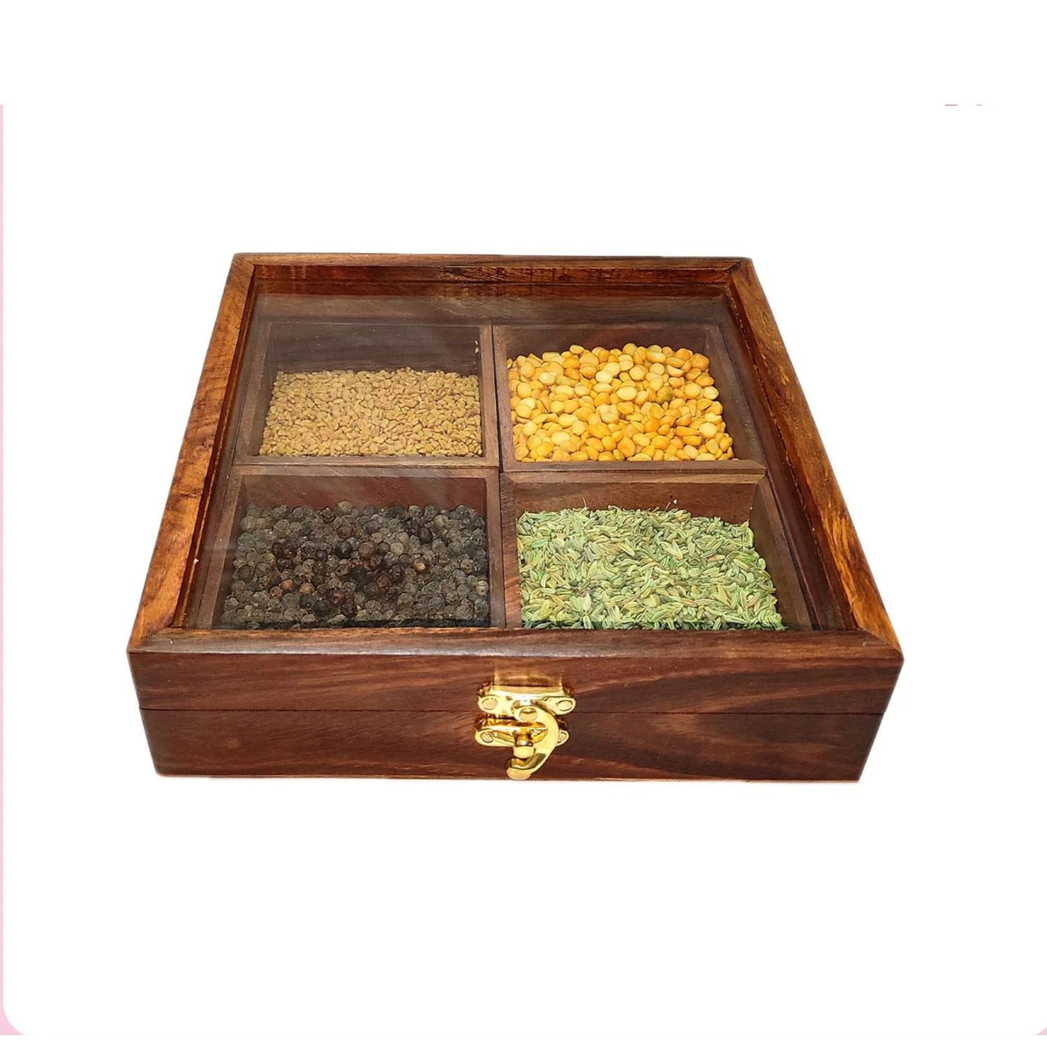 Wooden Spice Box with 4 Partitions | Dry Fruit Box | Spice Container - for Kitchen, Masala Dabba, Namakdani, Wooden Masala Box - 8 Inch - Apkamart