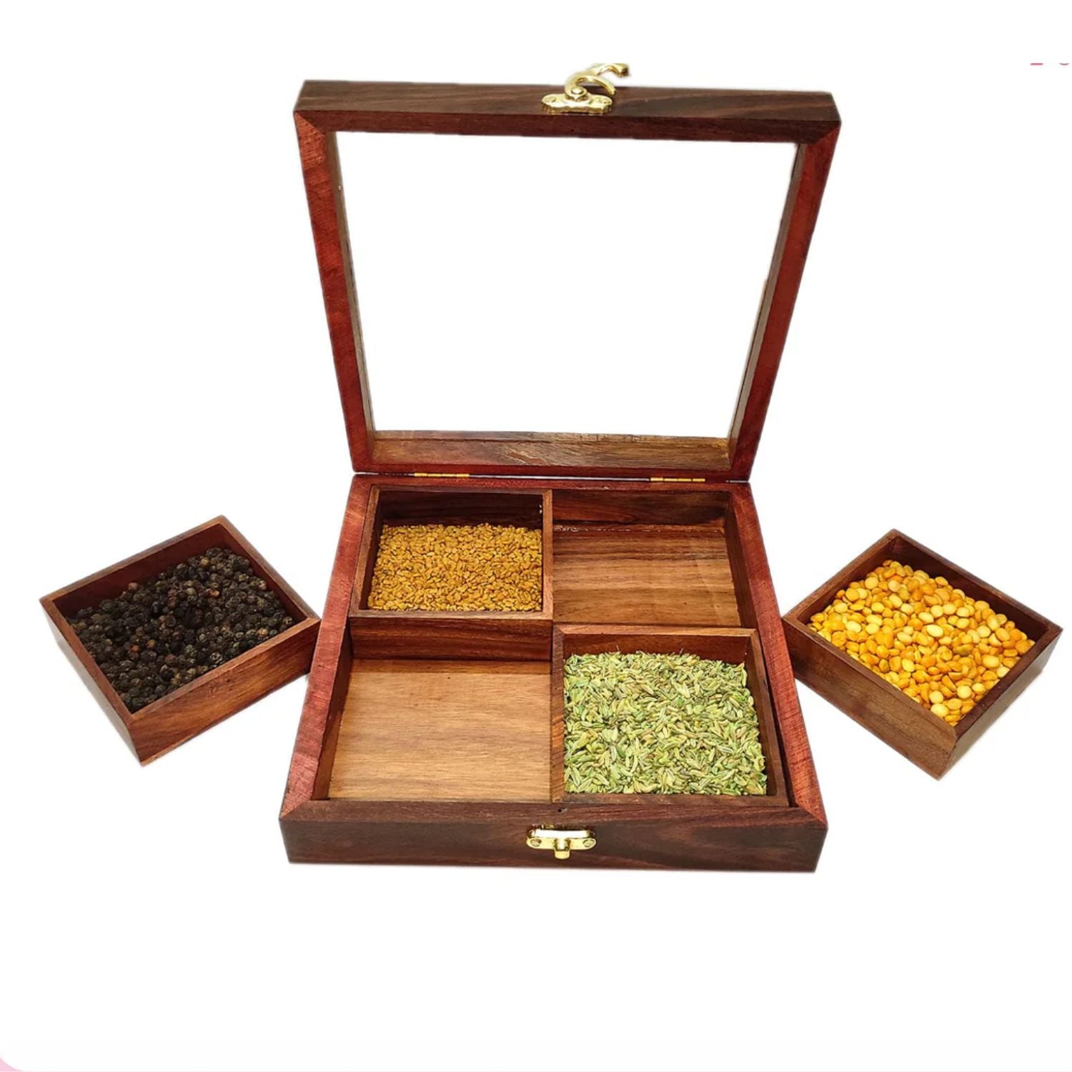 Wooden Spice Box with 4 Partitions | Dry Fruit Box | Spice Container - for Kitchen, Masala Dabba, Namakdani, Wooden Masala Box - 8 Inch - Apkamart