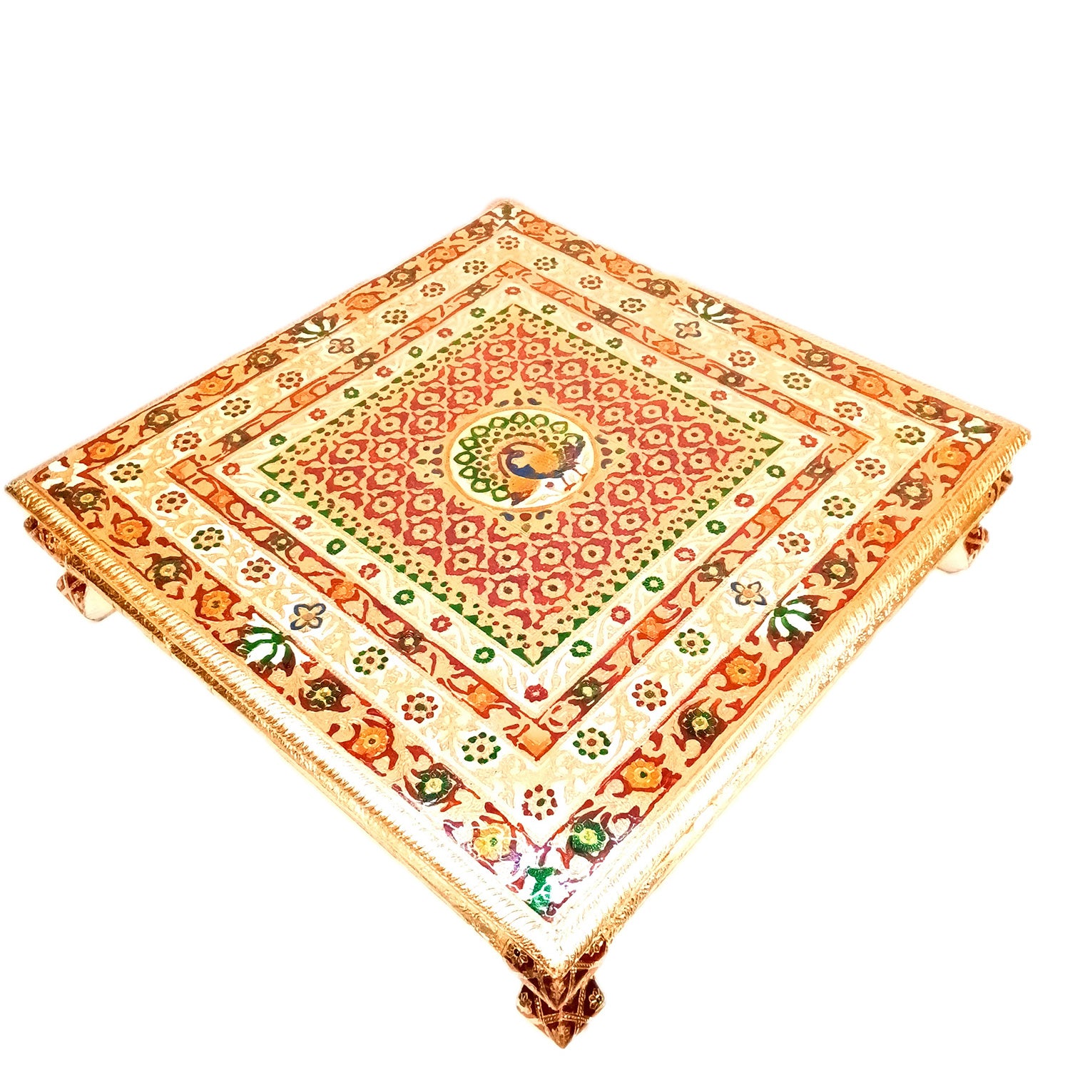 Wooden Puja Chowki Bajot | Stool/Aasan for God Idols | Minakari Chauki Patla/Peeta - for Festivals, Home, Living Room, Corner, Mandir Decoration & Gifts - 24 Inch - Apkamart