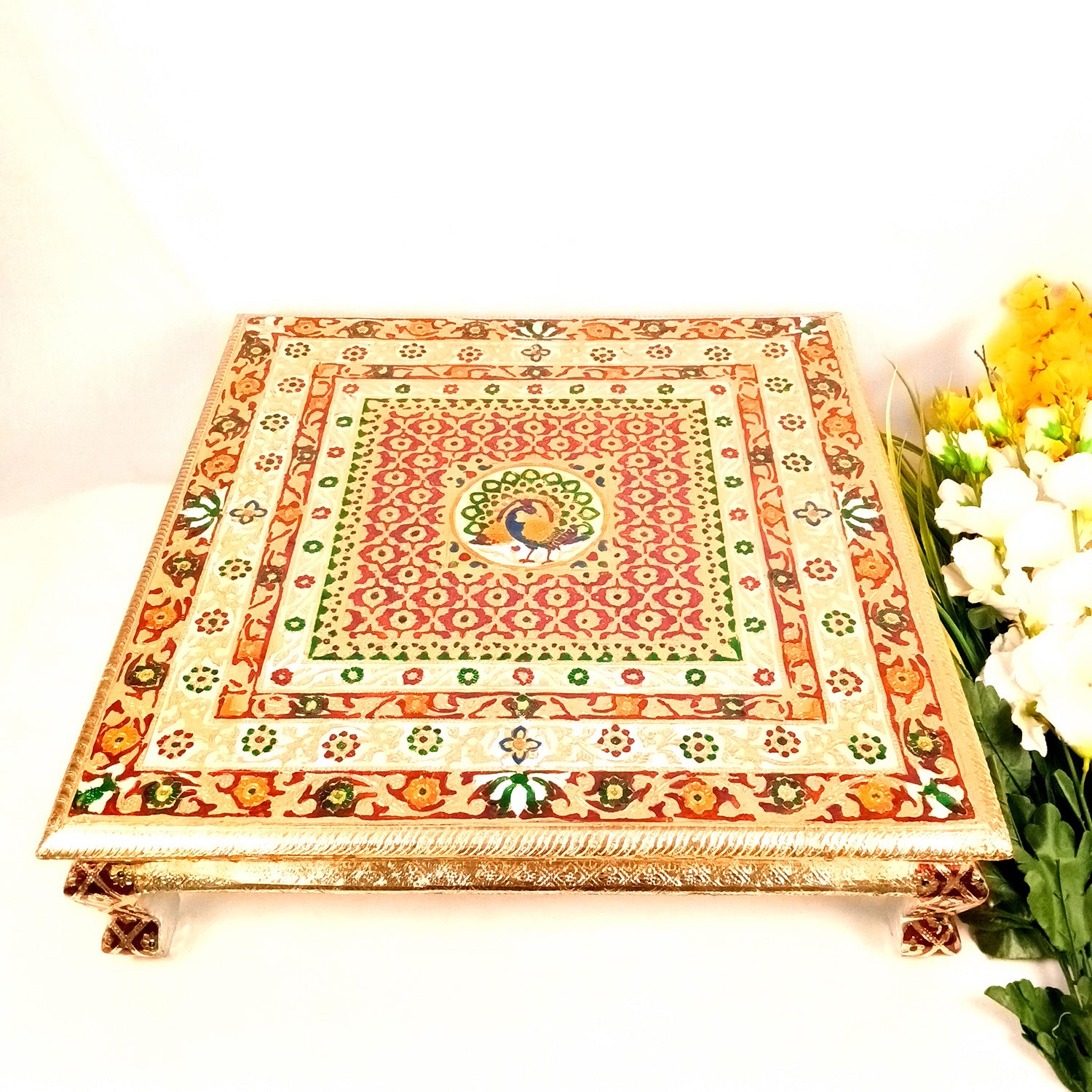 Wooden Puja Chowki Bajot | Stool/Aasan for God Idols | Minakari Chauki Patla/Peeta - for Festivals, Home, Living Room, Corner, Mandir Decoration & Gifts - 24 Inch - Apkamart