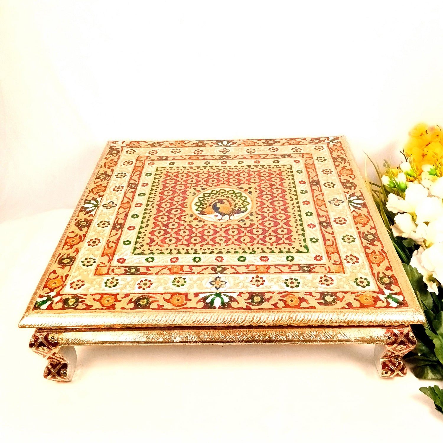 Wooden Puja Chowki Bajot | Stool/Aasan for God Idols | Minakari Chauki Patla/Peeta - for Festivals, Home, Living Room, Corner, Mandir Decoration & Gifts - 24 Inch - Apkamart