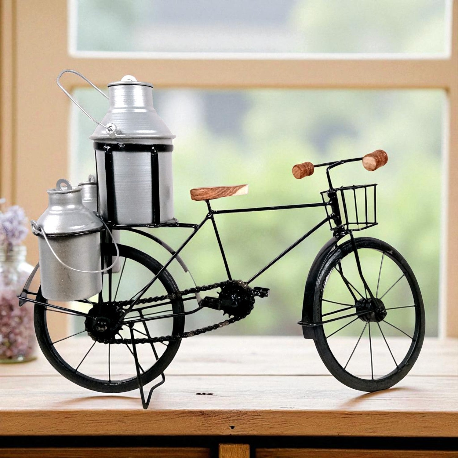 Milk-Man Cycle Showpiece with 3 Milk Cans | Vintage Bike Iron Mini Bicycle Figurine - For Home Décor, Living Room, Table, Desk Top & Gift - 17 Inch - Apkamart
