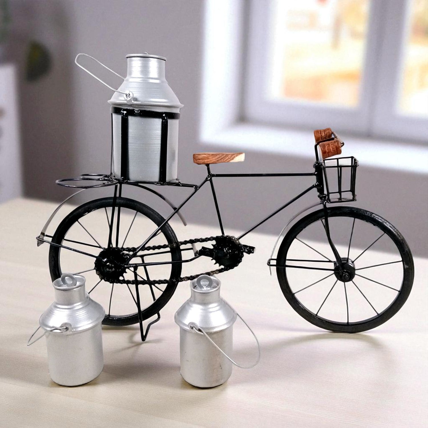 Milk-Man Cycle Showpiece with 3 Milk Cans | Vintage Bike Iron Mini Bicycle Figurine - For Home Décor, Living Room, Table, Desk Top & Gift - 17 Inch - Apkamart