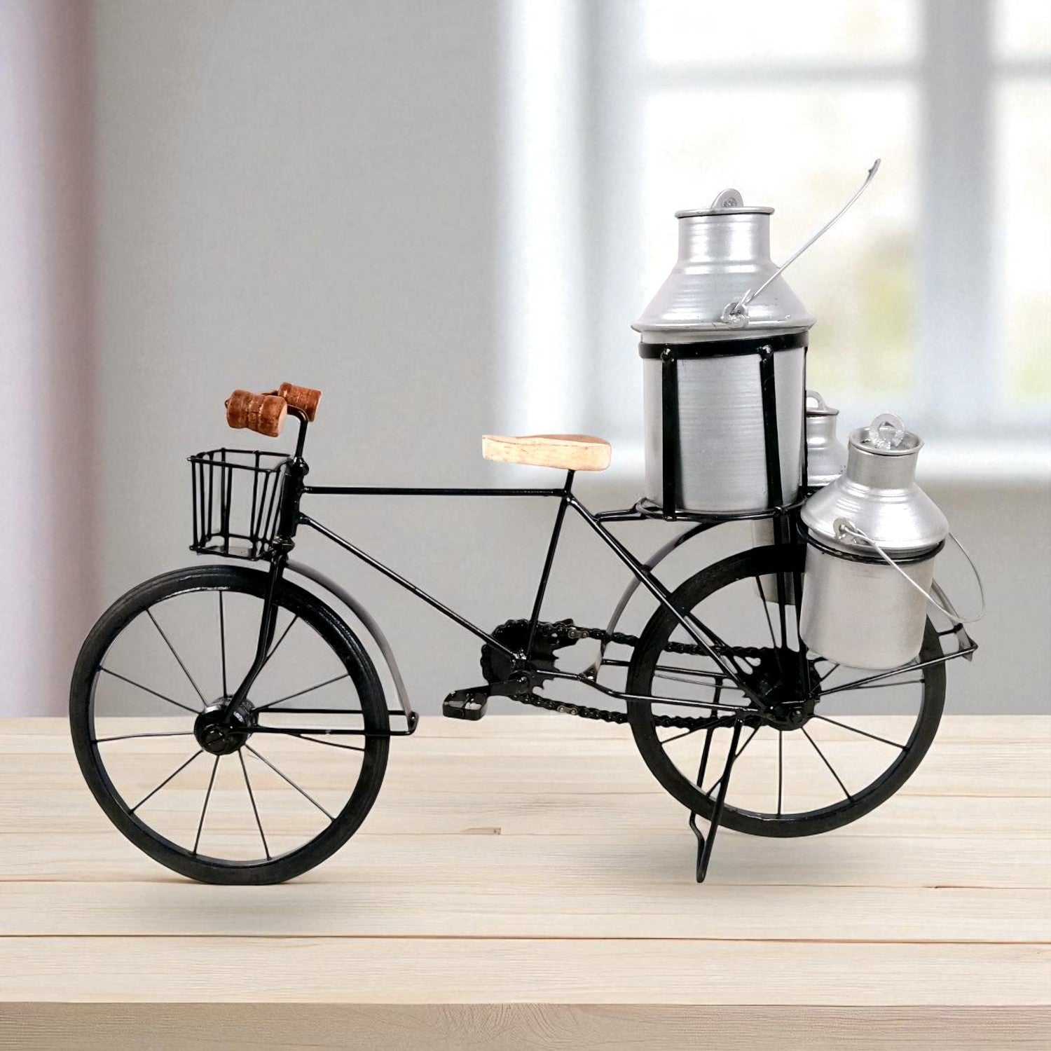 Milk-Man Cycle Showpiece with 3 Milk Cans | Vintage Bike Iron Mini Bicycle Figurine - For Home Décor, Living Room, Table, Desk Top & Gift - 17 Inch - Apkamart