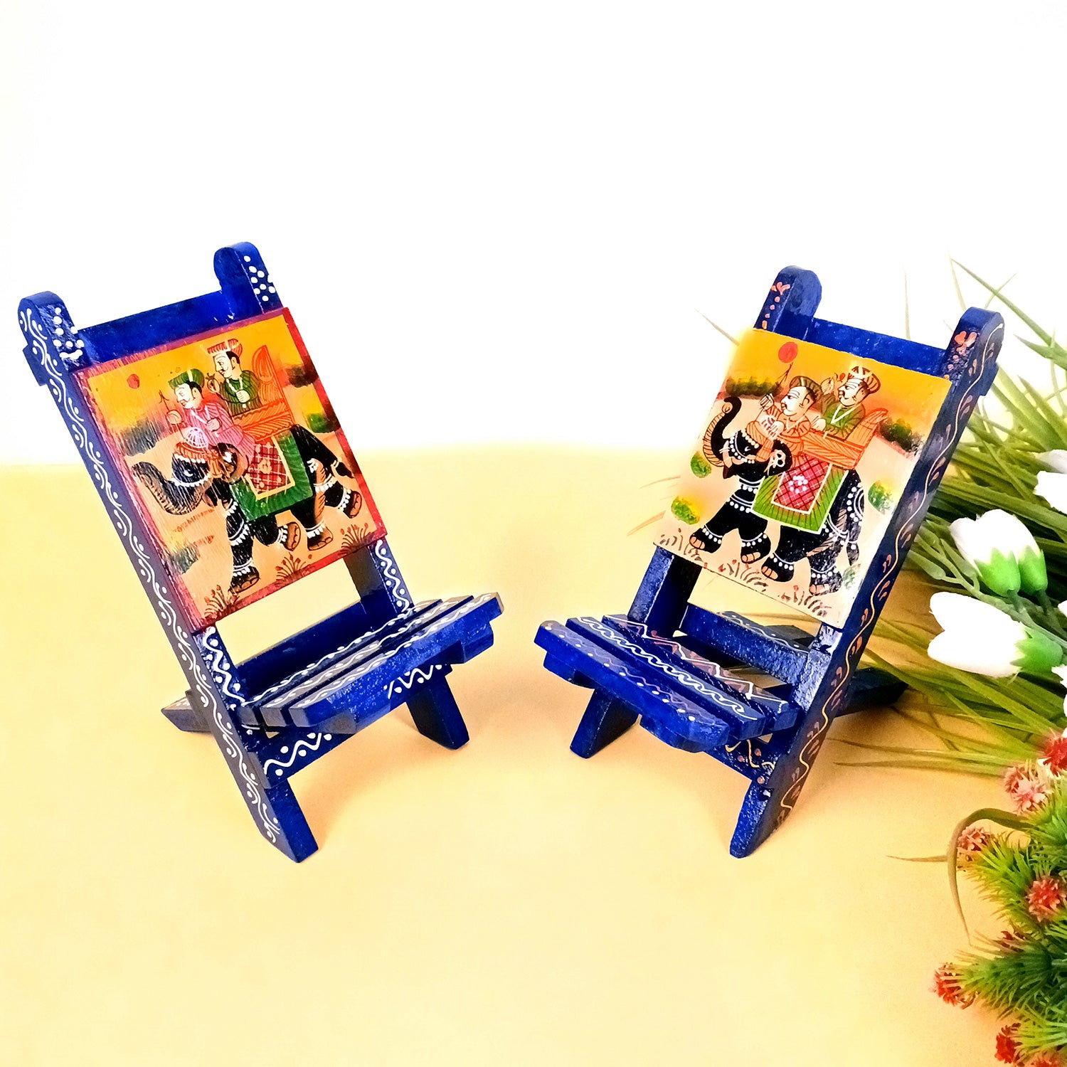 Mobile Holder Stand | Folding Chair Miniature Showpiece | Cell Phone Stand Holder - For Table, Bed, Office Desk, Home Decor & Gifts - 7 Inch (Wood, Blue) (Pack of 2) - Apkamart