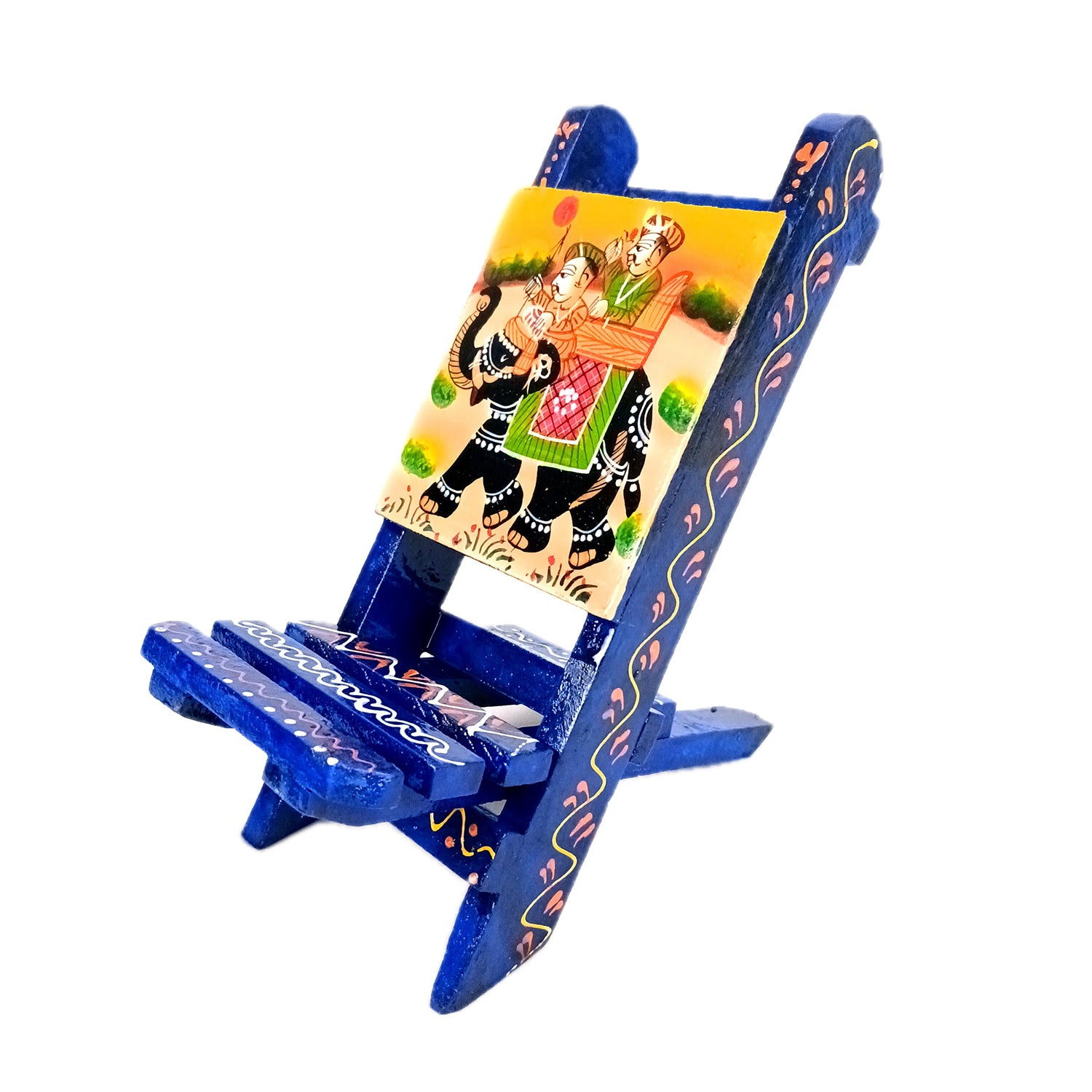 Mobile Holder Stand | Folding Chair Miniature Showpiece | Cell Phone Stand Holder - For Table, Bed, Office Desk, Home Decor & Gifts - 7 Inch (Wood, Blue) - Apkamart
