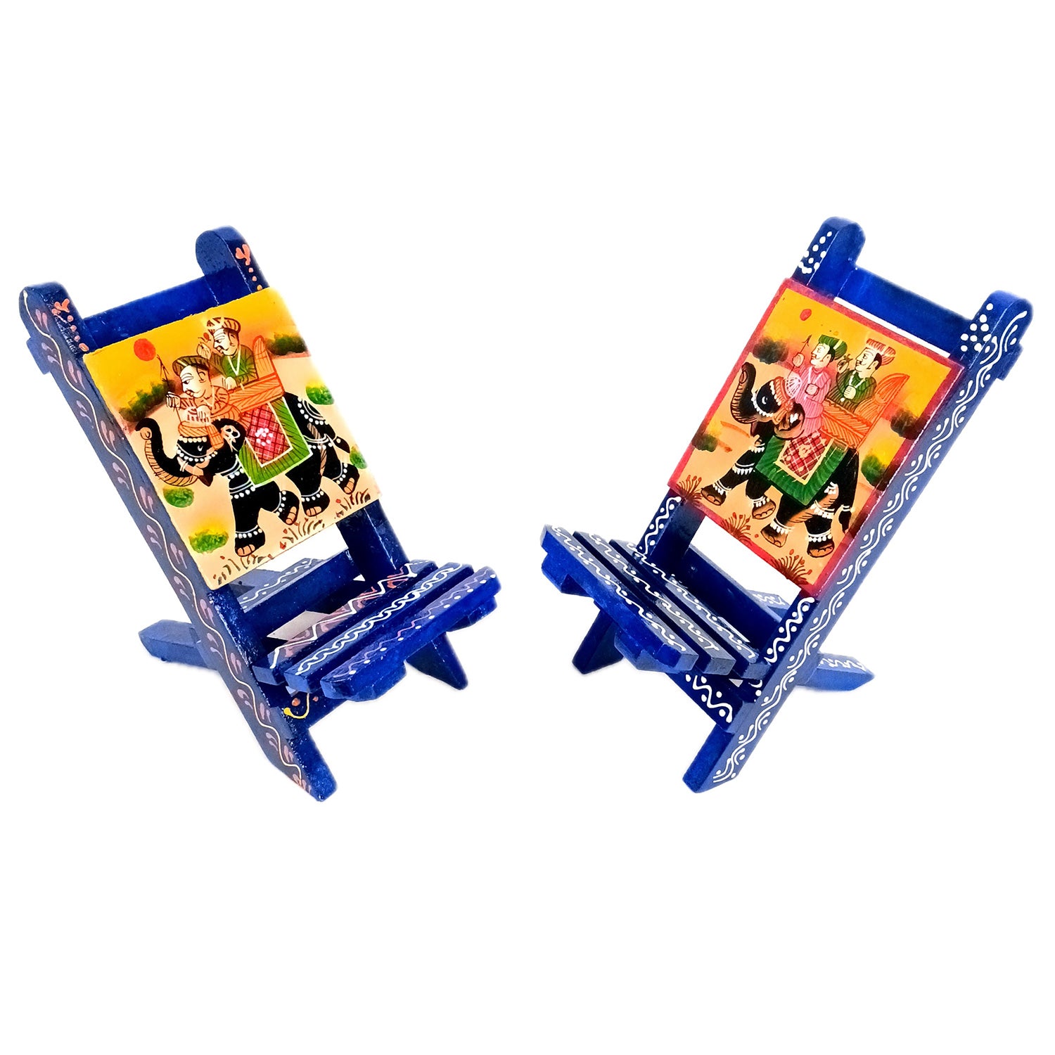 Mobile Holder Stand | Folding Chair Miniature Showpiece | Cell Phone Stand Holder - For Table, Bed, Office Desk, Home Decor & Gifts - 7 Inch (Wood, Blue) (Pack of 2) - Apkamart