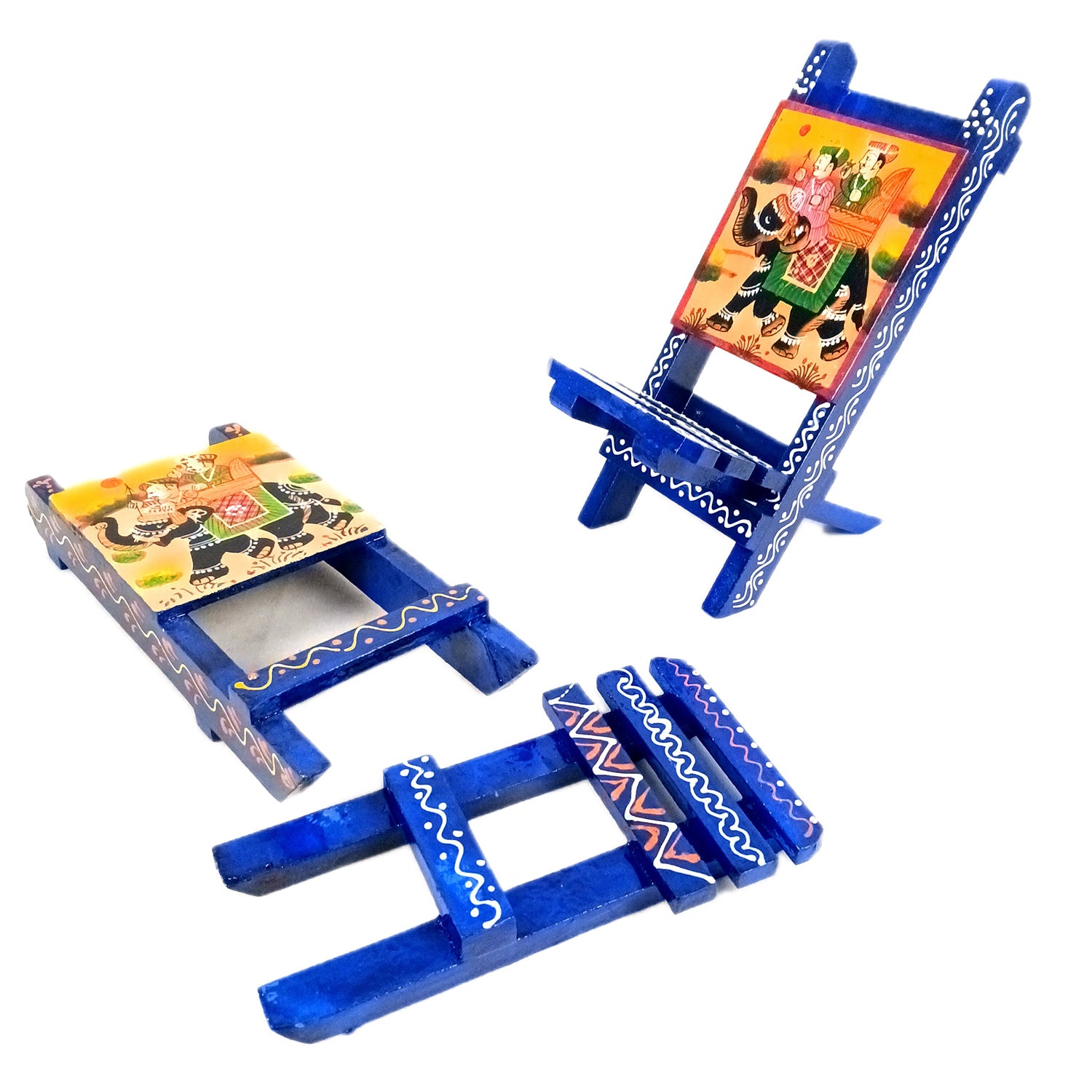 Mobile Holder Stand | Folding Chair Miniature Showpiece | Cell Phone Stand Holder - For Table, Bed, Office Desk, Home Decor & Gifts - 7 Inch (Wood, Blue) (Pack of 2) - Apkamart