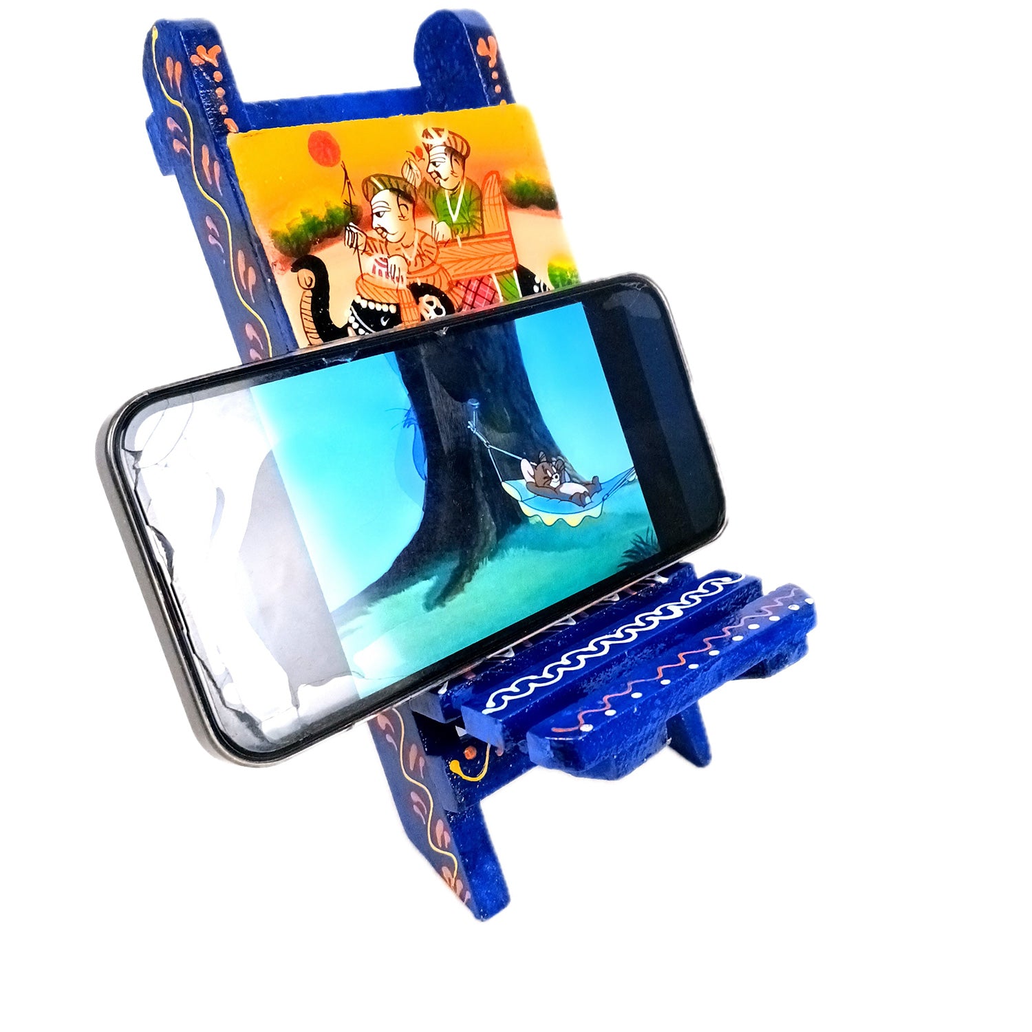 Mobile Holder Stand | Folding Chair Miniature Showpiece | Cell Phone Stand Holder - For Table, Bed, Office Desk, Home Decor & Gifts - 7 Inch (Wood, Blue) - Apkamart