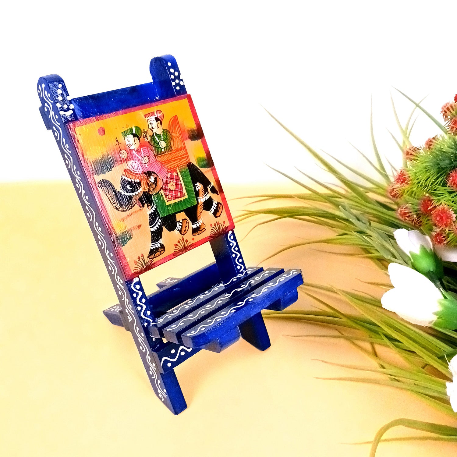 Mobile Holder Stand | Folding Chair Miniature Showpiece | Cell Phone Stand Holder - For Table, Bed, Office Desk, Home Decor & Gifts - 7 Inch (Wood, Blue) - Apkamart