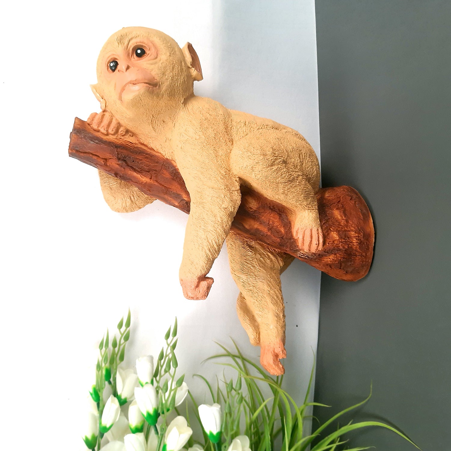 Monkey Hanging on Tree Branch Statue Wall Hanging | Animal Showpiece - For Garden Decor, Home, Living Room, Kids Room & Gifts - 12 Inch - Apkamart