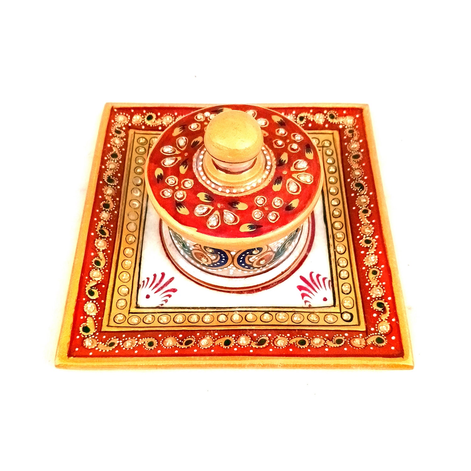 Marble Bowl with Lid for Mukhwas/Mouthfreshner/Dry Fruits with Minakari & Kundan Work | Suparidaan Container - for Kitchen, Home, & Dining Table Decor & Gifts - 6 Inch - Apkamart #Style_Design 3
