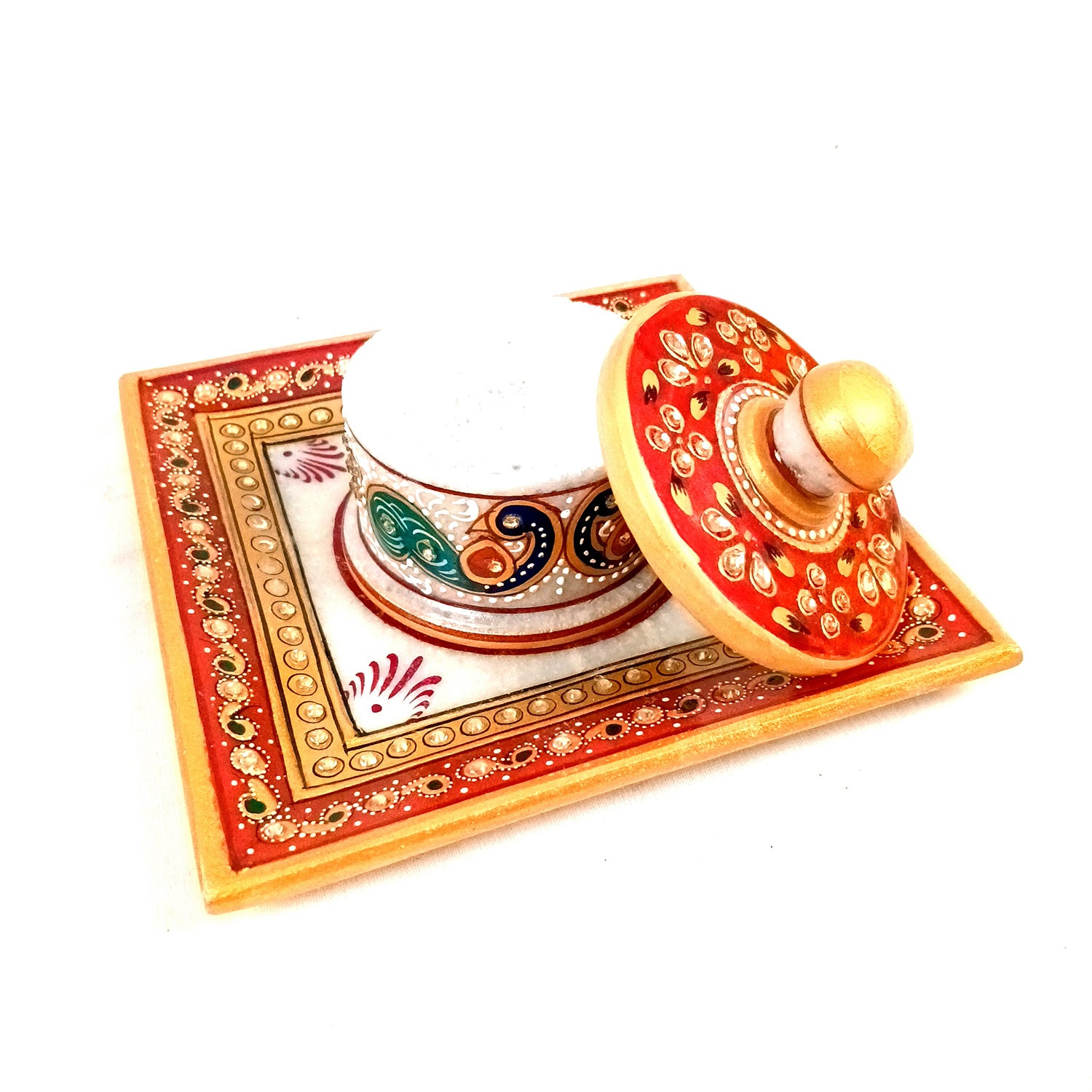 Marble Bowl with Lid for Mukhwas/Mouthfreshner/Dry Fruits with Minakari & Kundan Work | Suparidaan Container - for Kitchen, Home, & Dining Table Decor & Gifts - 6 Inch - Apkamart #Style_Design 3