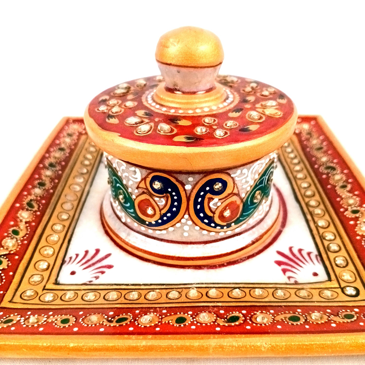 Marble Bowl with Lid for Mukhwas/Mouthfreshner/Dry Fruits with Minakari & Kundan Work | Suparidaan Container - for Kitchen, Home, & Dining Table Decor & Gifts - 6 Inch - Apkamart #Style_Design 3