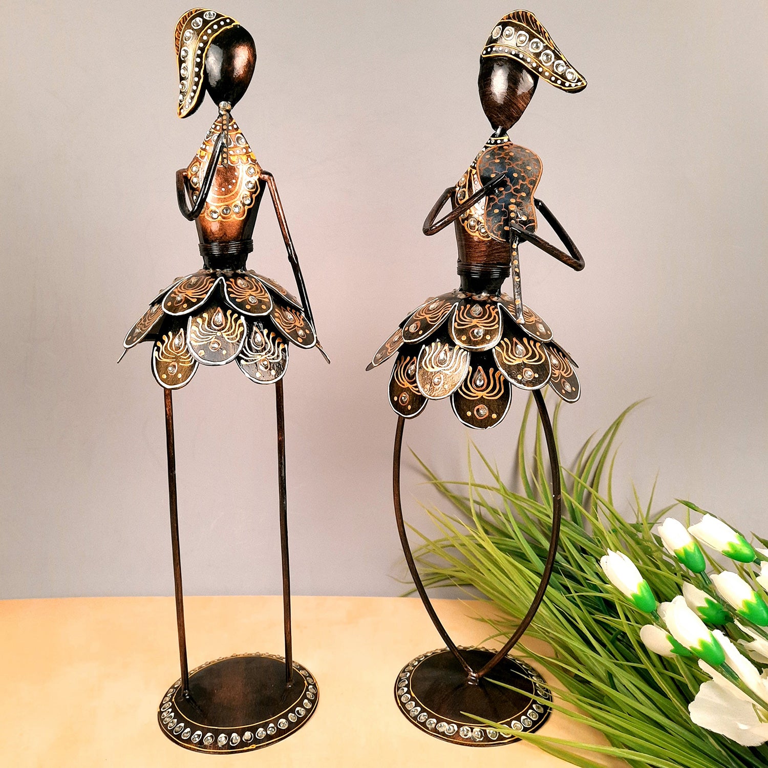 Showpiece Figurine - Muscian Singing & Playing Violin Design | Decorative Long Show pieces With Golden & Kundan Work | Artifacts for Home, Table, Living Room, TV Unit & Bedroom Decor & Gifts- 19 Inch (Set of 2) - Apkamart