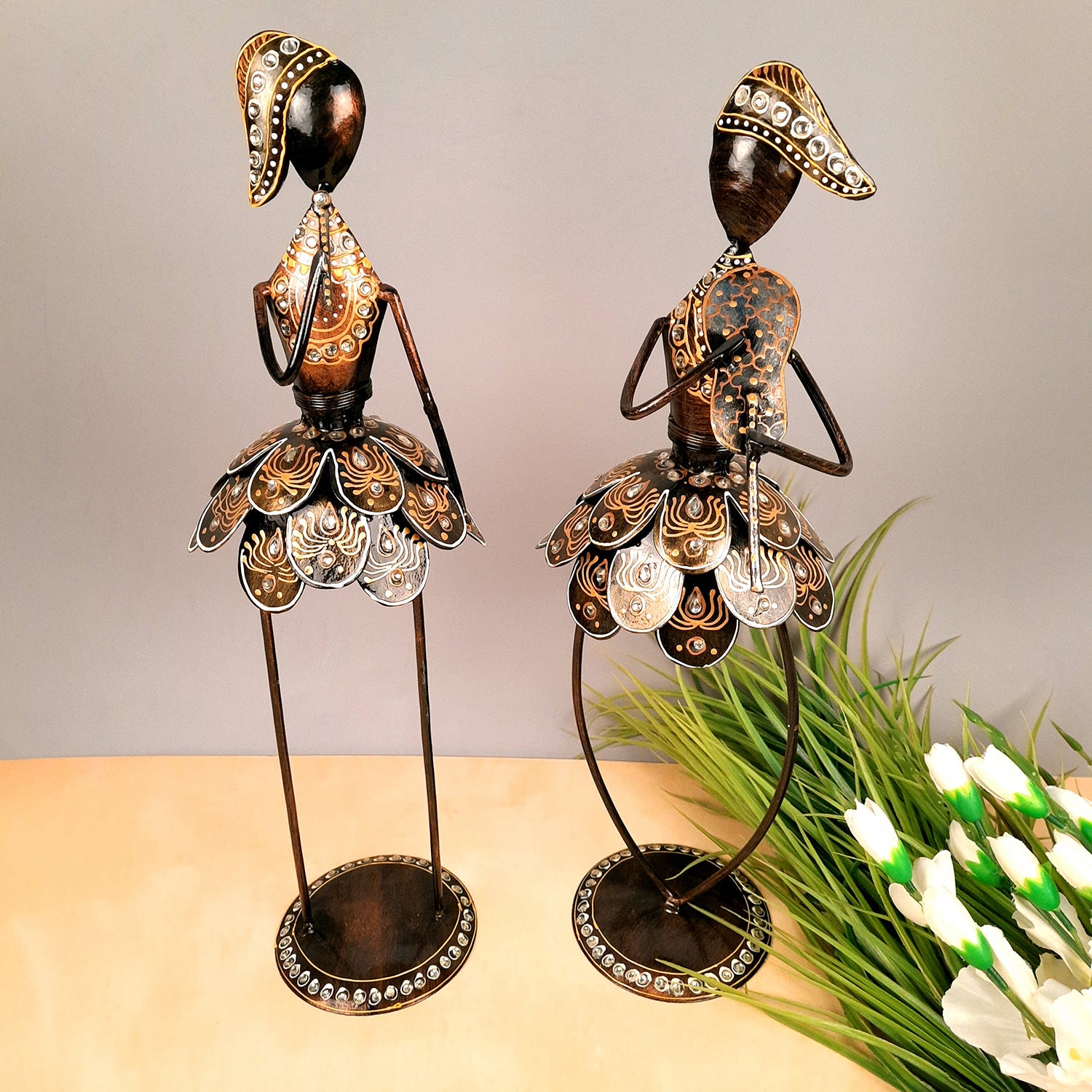 Showpiece Figurine - Muscian Singing & Playing Violin Design | Decorative Long Show pieces With Golden & Kundan Work | Artifacts for Home, Table, Living Room, TV Unit & Bedroom Decor & Gifts- 19 Inch (Set of 2) - Apkamart