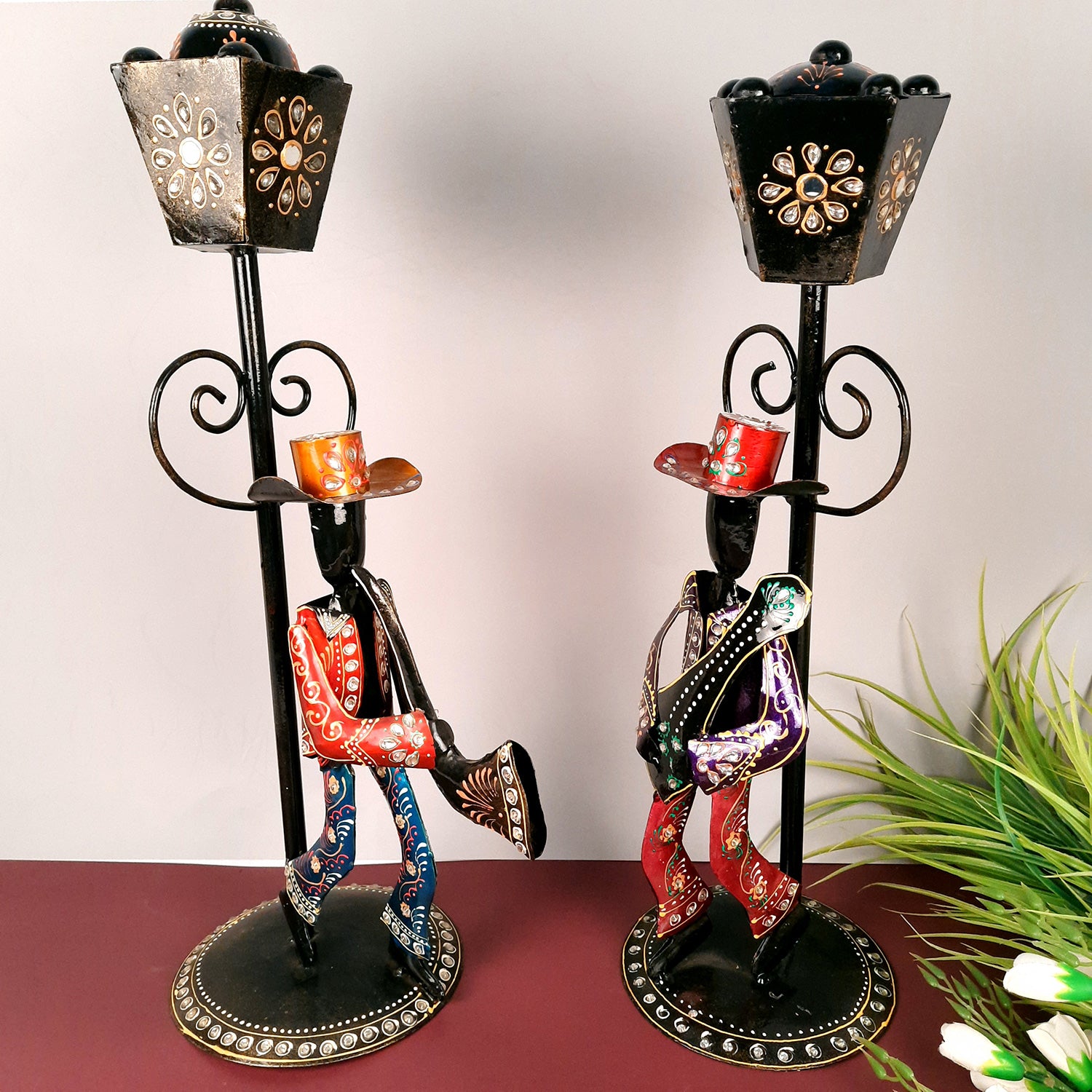 Showpiece Set - Musician Playing Musical Instrument Under Lamp Post | Handicraft Figurines With Kundan Work - For Table, Living Room, Bedroom & TV Unit | Big Show Piece For Office Desk & Gifts- 22 Inch (Set of 2) - apkamart