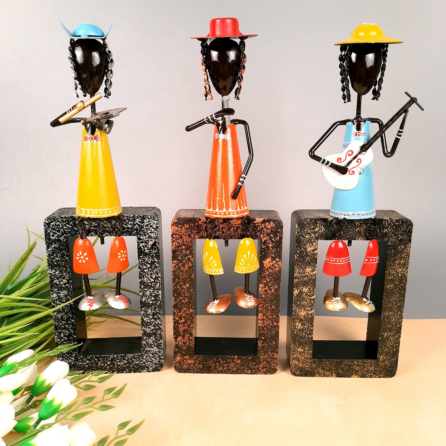 Musician Showpiece Cum Wall Hanging | Figurines Playing Musical Instruments With Hanging Legs | Decorative Showpieces - For Home, Table, Living Room, TV Unit, Balcony, Wall Decor & Gifts - 16 Inch (Set of 3) - Apkamart