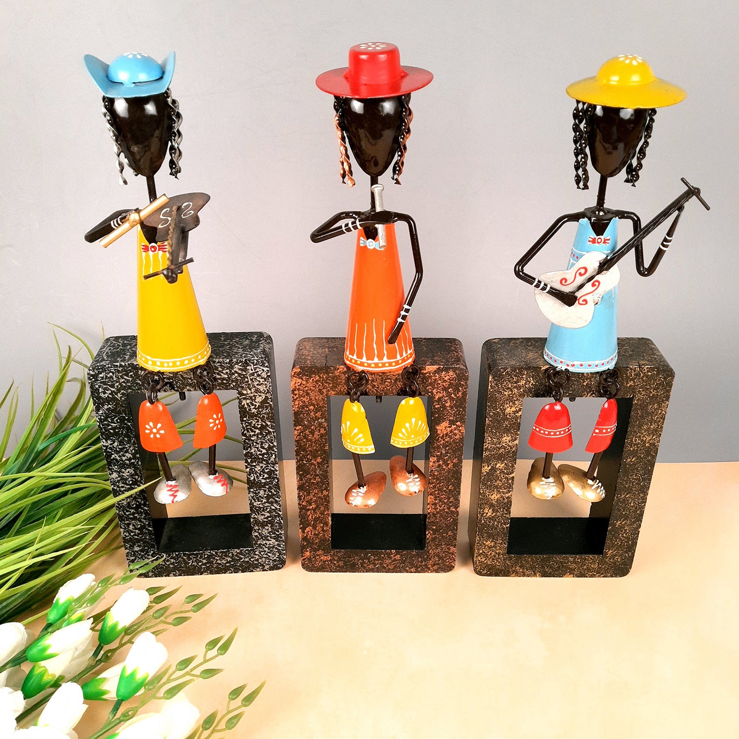 Musician Showpiece Cum Wall Hanging | Figurines Playing Musical Instruments With Hanging Legs | Decorative Showpieces - For Home, Table, Living Room, TV Unit, Balcony, Wall Decor & Gifts - 16 Inch (Set of 3) - Apkamart