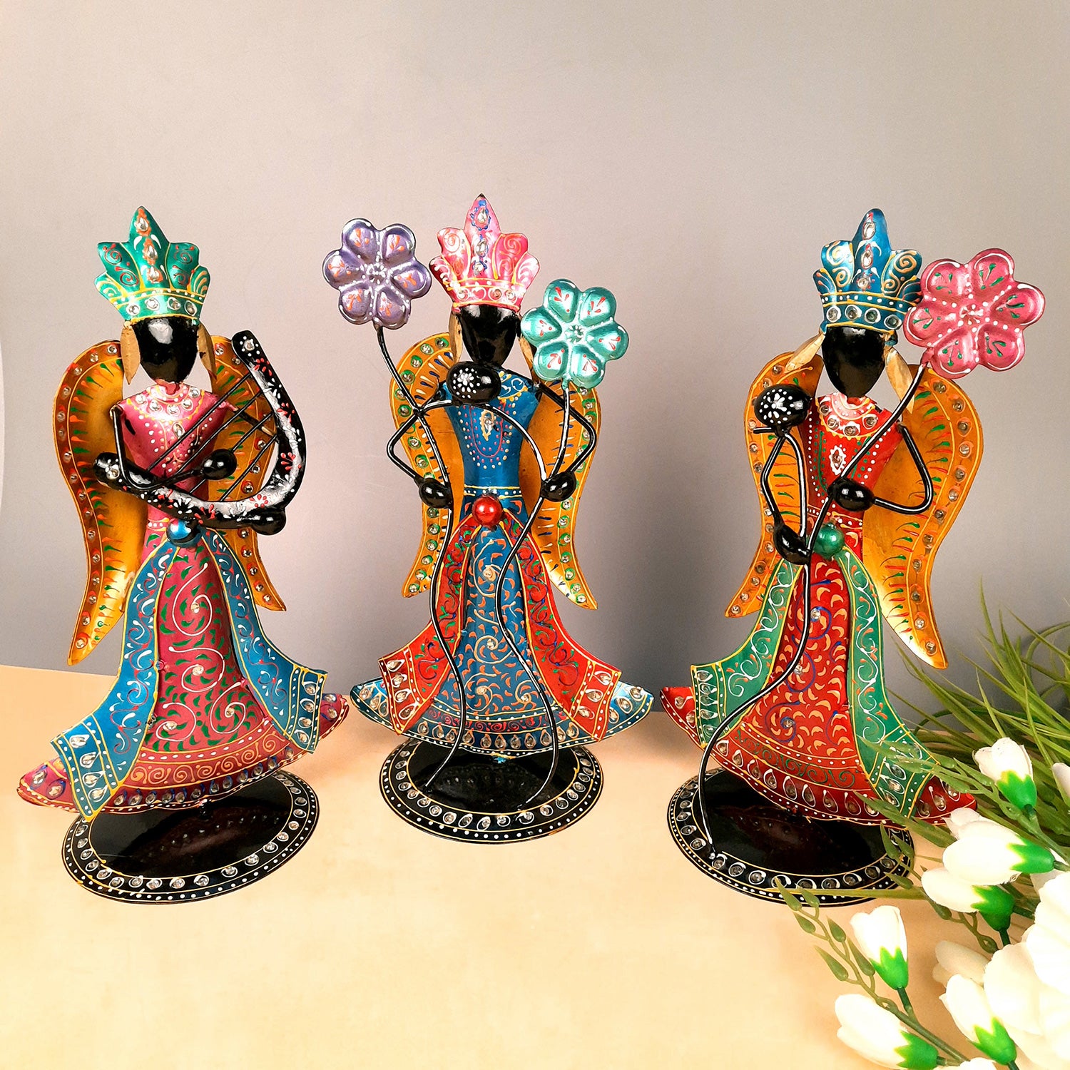 Showpiece Figurines - Angel Playing Harp Design | Fairy Show Piece for - Home, Table, Living Room, TV Unit, Bedroom Decor & Gifts - 16 Inch (Set of 3) - Apkamart