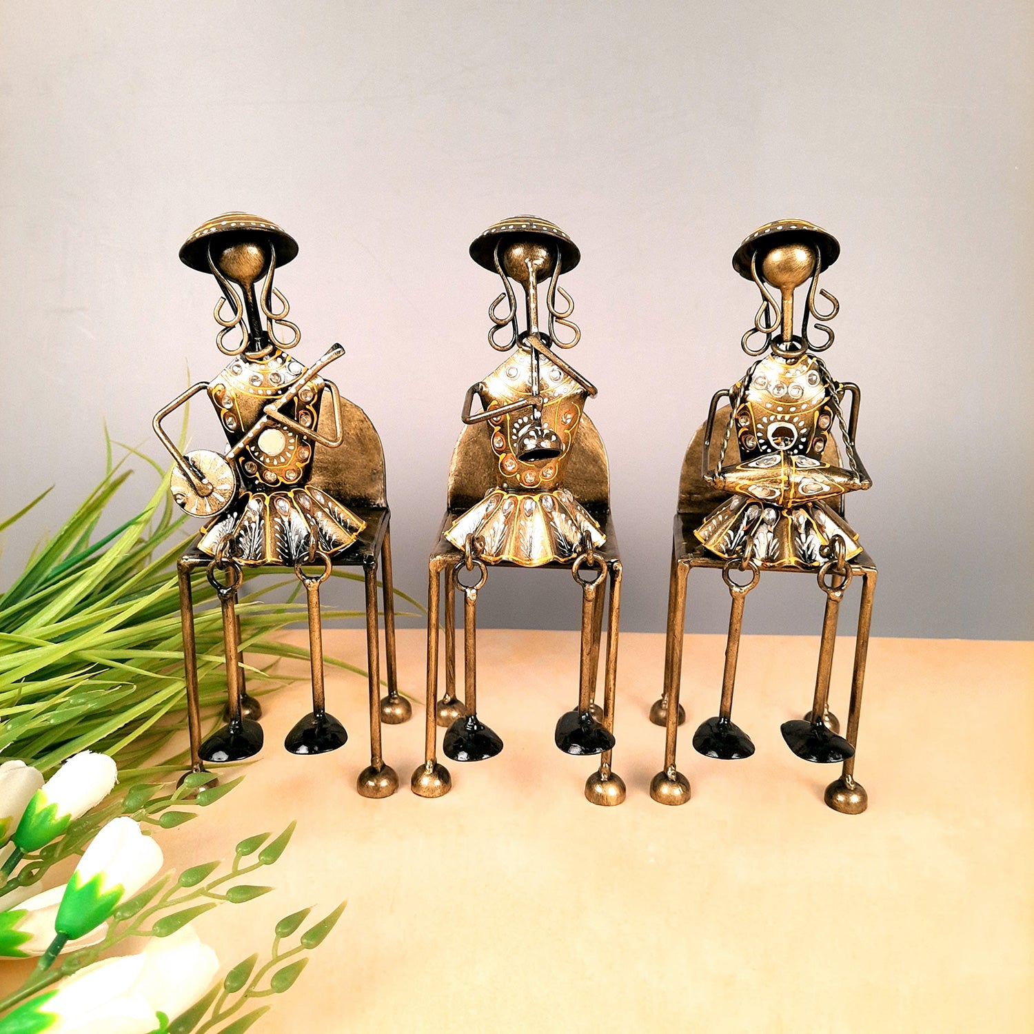 Figurine Showpiece - Musicians Sitting On Chair With Hanging Legs | Artifacts for Home, Table, Living Room, TV Unit & Bedroom Decor | Decorative Show piece for Office Desk & Gifts - 12 Inch (Set of 3) - Apkamart