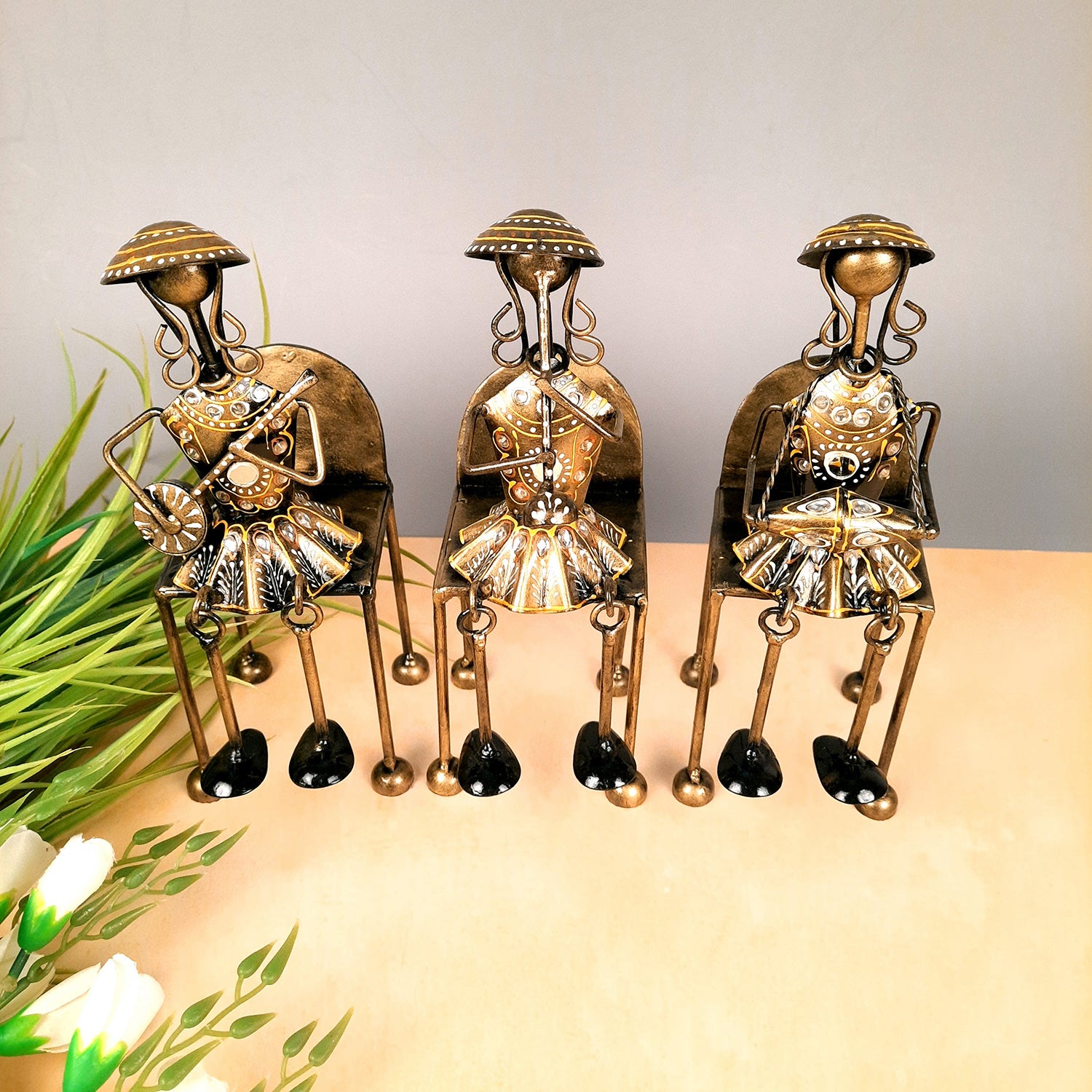 Figurine Showpiece - Musicians Sitting On Chair With Hanging Legs | Artifacts for Home, Table, Living Room, TV Unit & Bedroom Decor | Decorative Show piece for Office Desk & Gifts - 12 Inch (Set of 3) - Apkamart