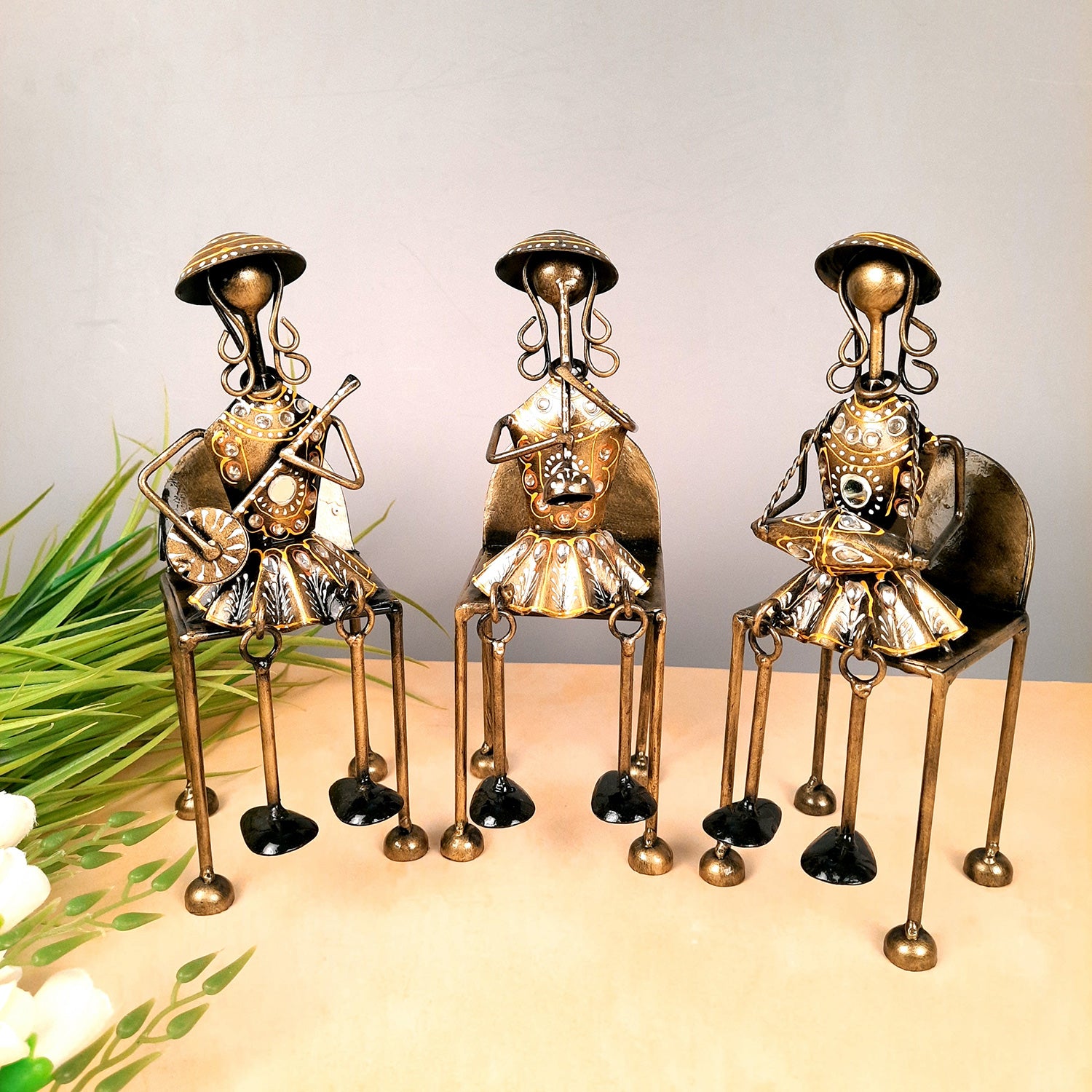 Figurine Showpiece - Musicians Sitting On Chair With Hanging Legs | Artifacts for Home, Table, Living Room, TV Unit & Bedroom Decor | Decorative Show piece for Office Desk & Gifts - 12 Inch (Set of 3) - Apkamart
