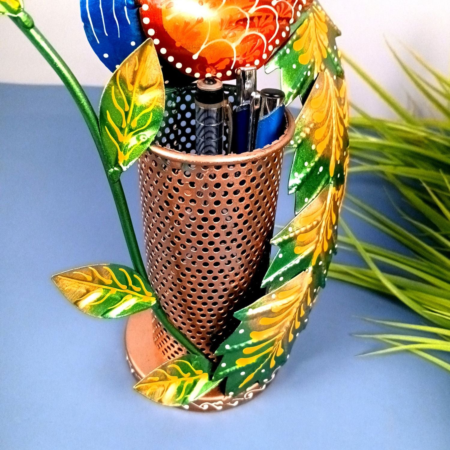 Peacock Pen Holder With Vibrant Color Feathers | Desk Organizer | Multipurpose Stand - For Gifts, Table, Desk Organizing, Office Decor & Corporate Gifts - 11 Inch - Apkamart