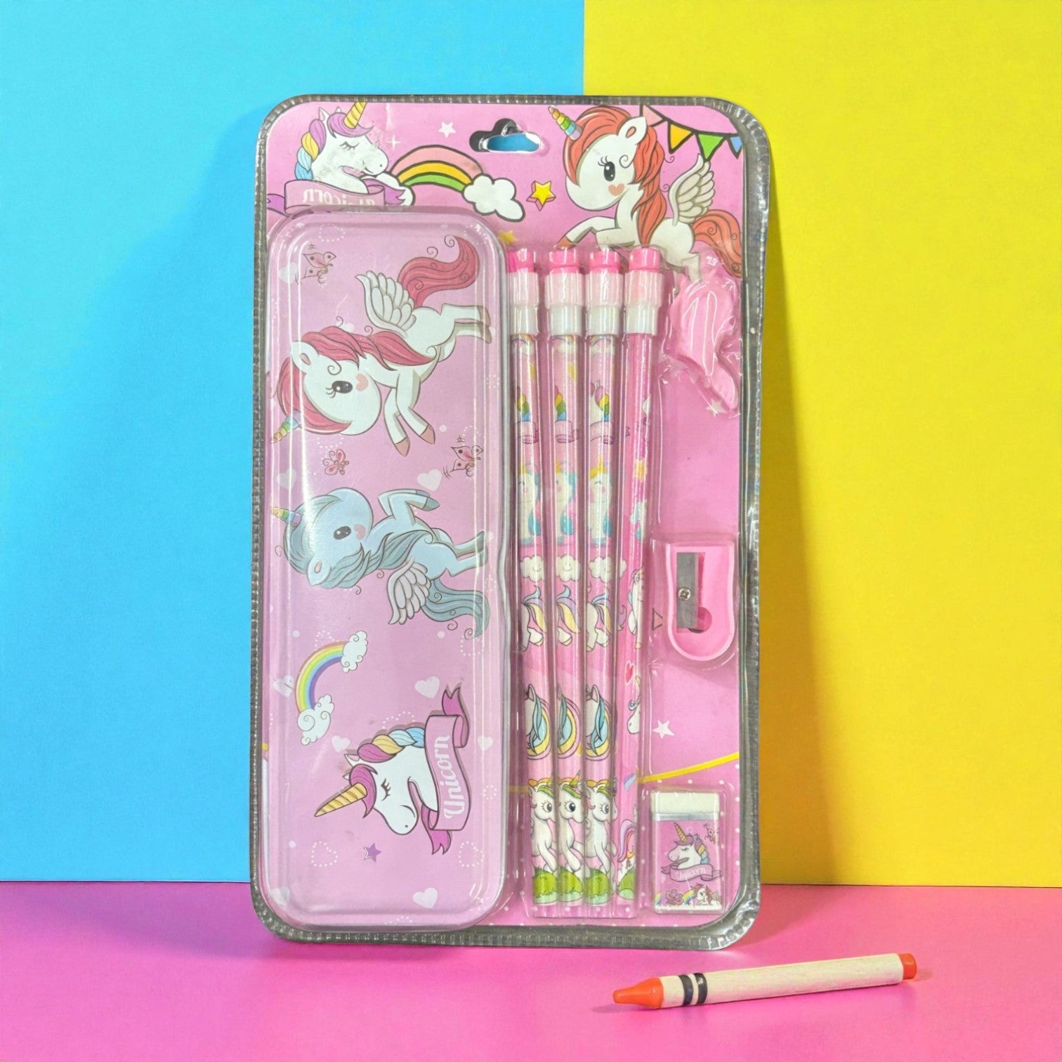 Pencil Box Stationery Kit Metal 6 Pencils Eraser Kids - Apkamart