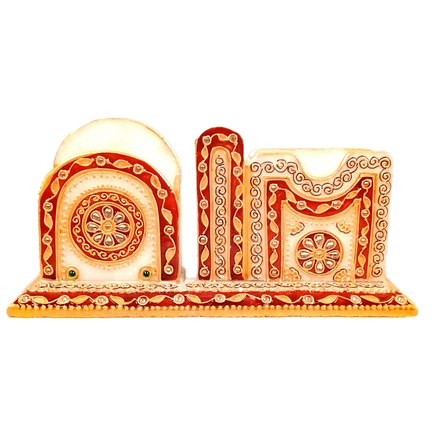 Pen Holder With Mobile & Cards Holder Marble | Cutlery Spoon & Fork Holder with 3 Compartments | Multipurpose Organizer - For Study Table, Desk, Stationary, Office, Dining Table, Kitchen, Home Decor - 9 Inch - Apkamart