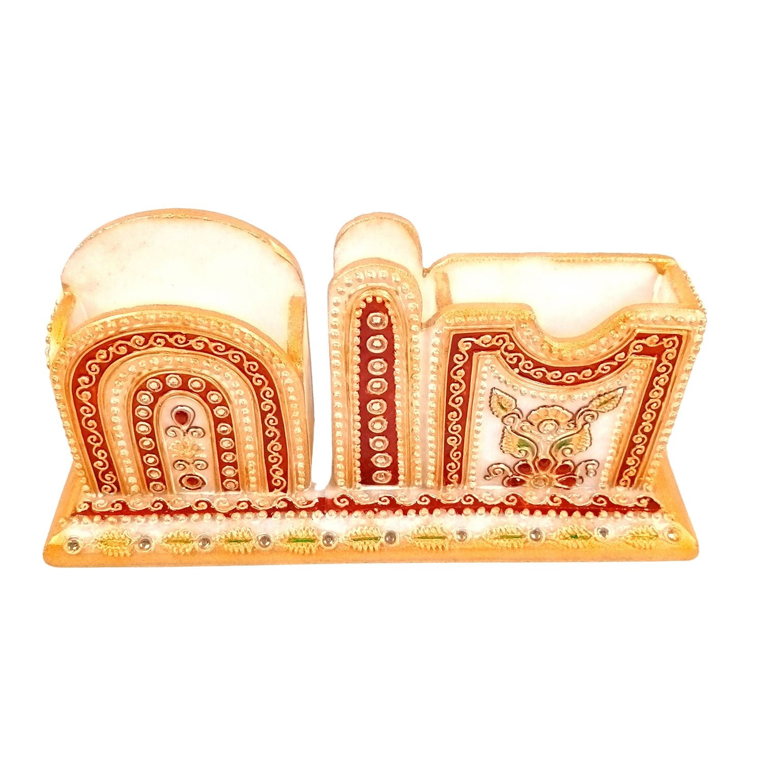 Pen Holder With Mobile & Cards Holder Marble | Cutlery Spoon & Fork Holder with 3 Compartments | Multipurpose Organizer - For Study Table, Desk, Stationary, Office, Dining Table, Kitchen, Home Decor - 9 Inch - Apkamart