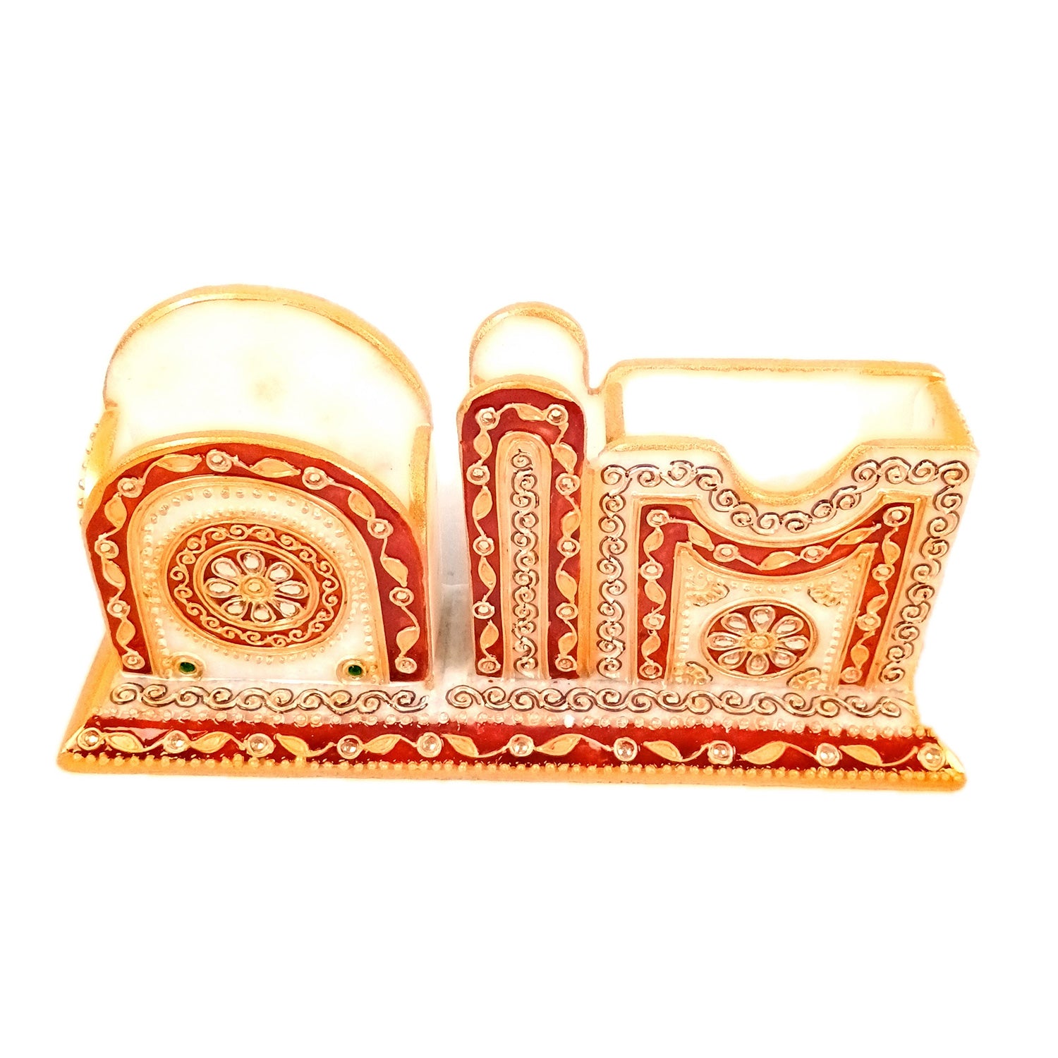 Pen Holder With Mobile & Cards Holder Marble | Cutlery Spoon & Fork Holder with 3 Compartments | Multipurpose Organizer - For Study Table, Desk, Stationary, Office, Dining Table, Kitchen, Home Decor - 9 Inch - Apkamart