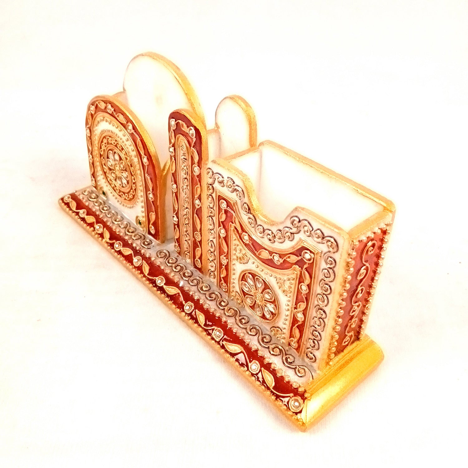 Pen Holder With Mobile & Cards Holder Marble | Cutlery Spoon & Fork Holder with 3 Compartments | Multipurpose Organizer - For Study Table, Desk, Stationary, Office, Dining Table, Kitchen, Home Decor - 9 Inch - Apkamart