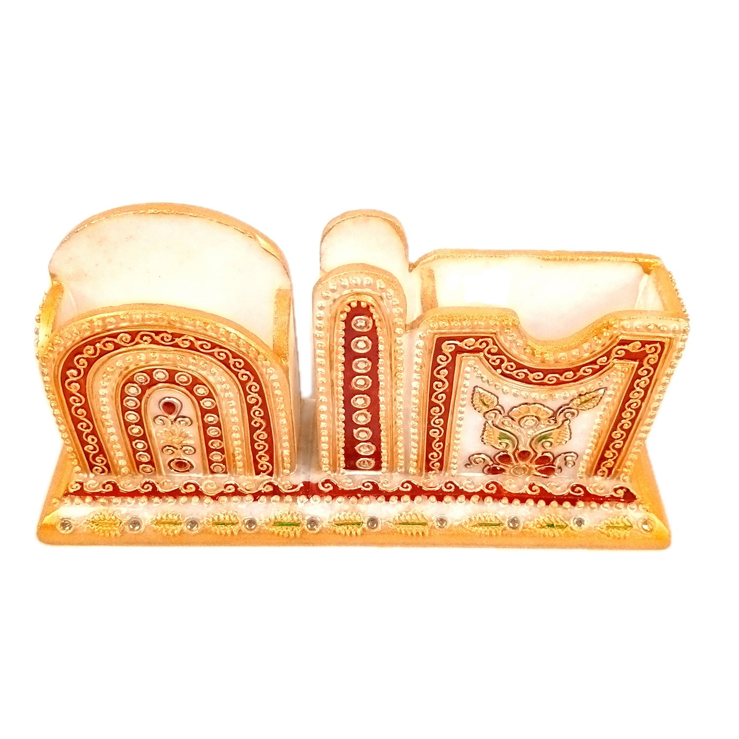 Pen Holder With Mobile & Cards Holder Marble | Cutlery Spoon & Fork Holder with 3 Compartments | Multipurpose Organizer - For Study Table, Desk, Stationary, Office, Dining Table, Kitchen, Home Decor - 9 Inch - Apkamart