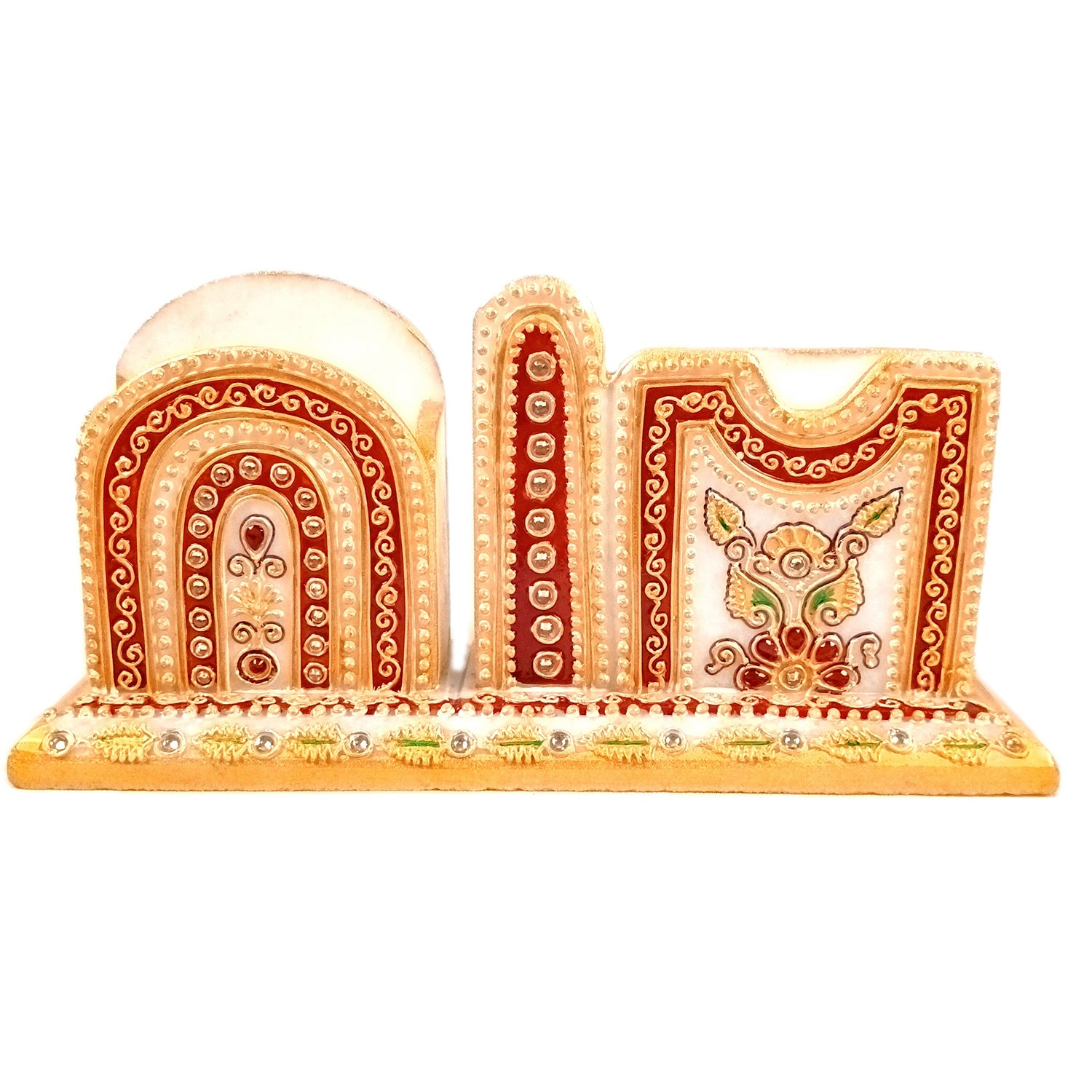 Pen Holder With Mobile & Cards Holder Marble | Cutlery Spoon & Fork Holder with 3 Compartments | Multipurpose Organizer - For Study Table, Desk, Stationary, Office, Dining Table, Kitchen, Home Decor - 9 Inch - Apkamart