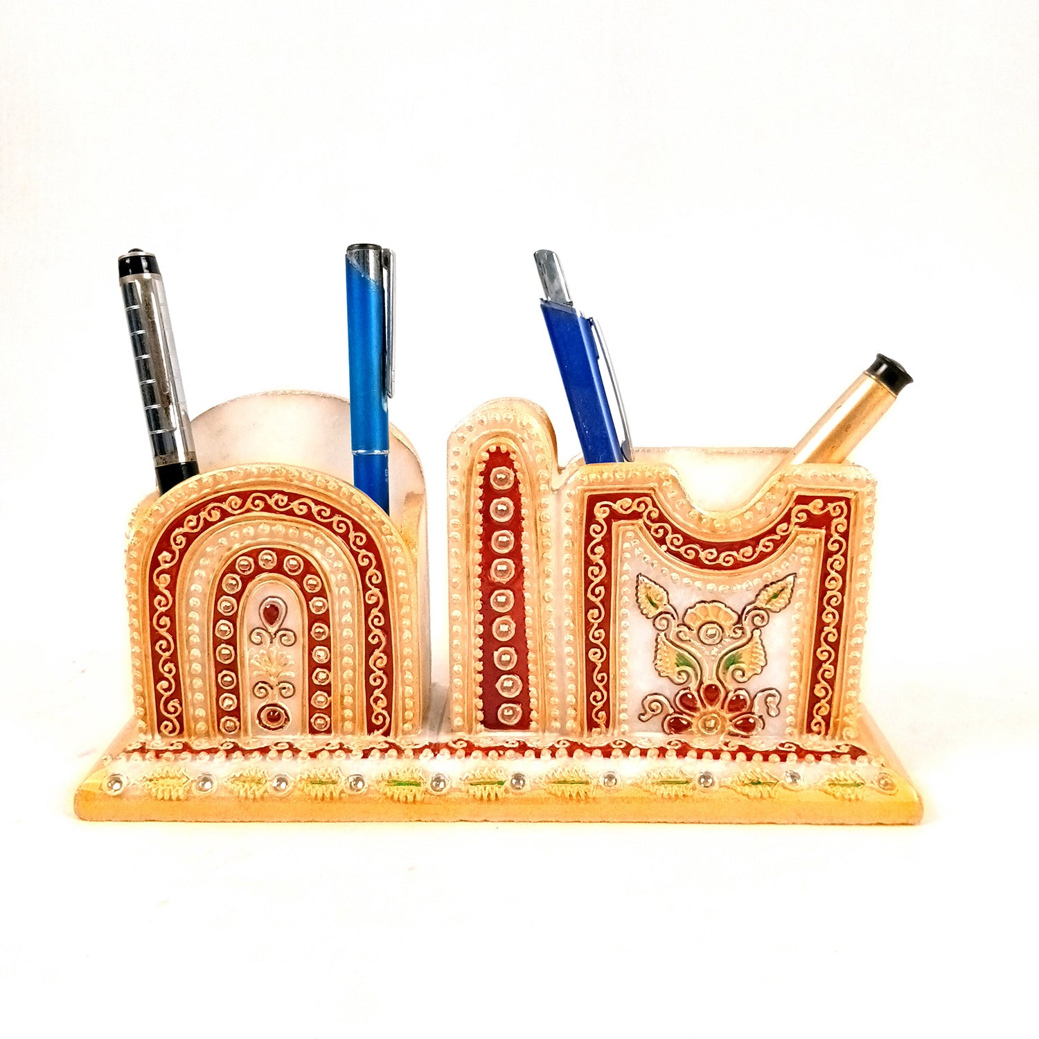Pen Holder With Mobile & Cards Holder Marble | Cutlery Spoon & Fork Holder with 3 Compartments | Multipurpose Organizer  - For Study Table, Desk, Stationary, Office, Dining Table, Kitchen, Home Decor - 9 Inch - Apkamart
