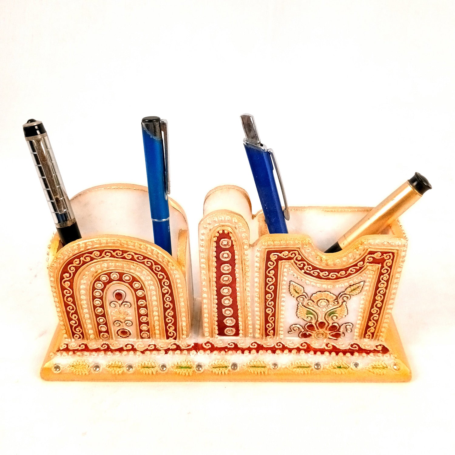 Pen Holder With Mobile & Cards Holder Marble | Cutlery Spoon & Fork Holder with 3 Compartments | Multipurpose Organizer - For Study Table, Desk, Stationary, Office, Dining Table, Kitchen, Home Decor - 9 Inch - Apkamart