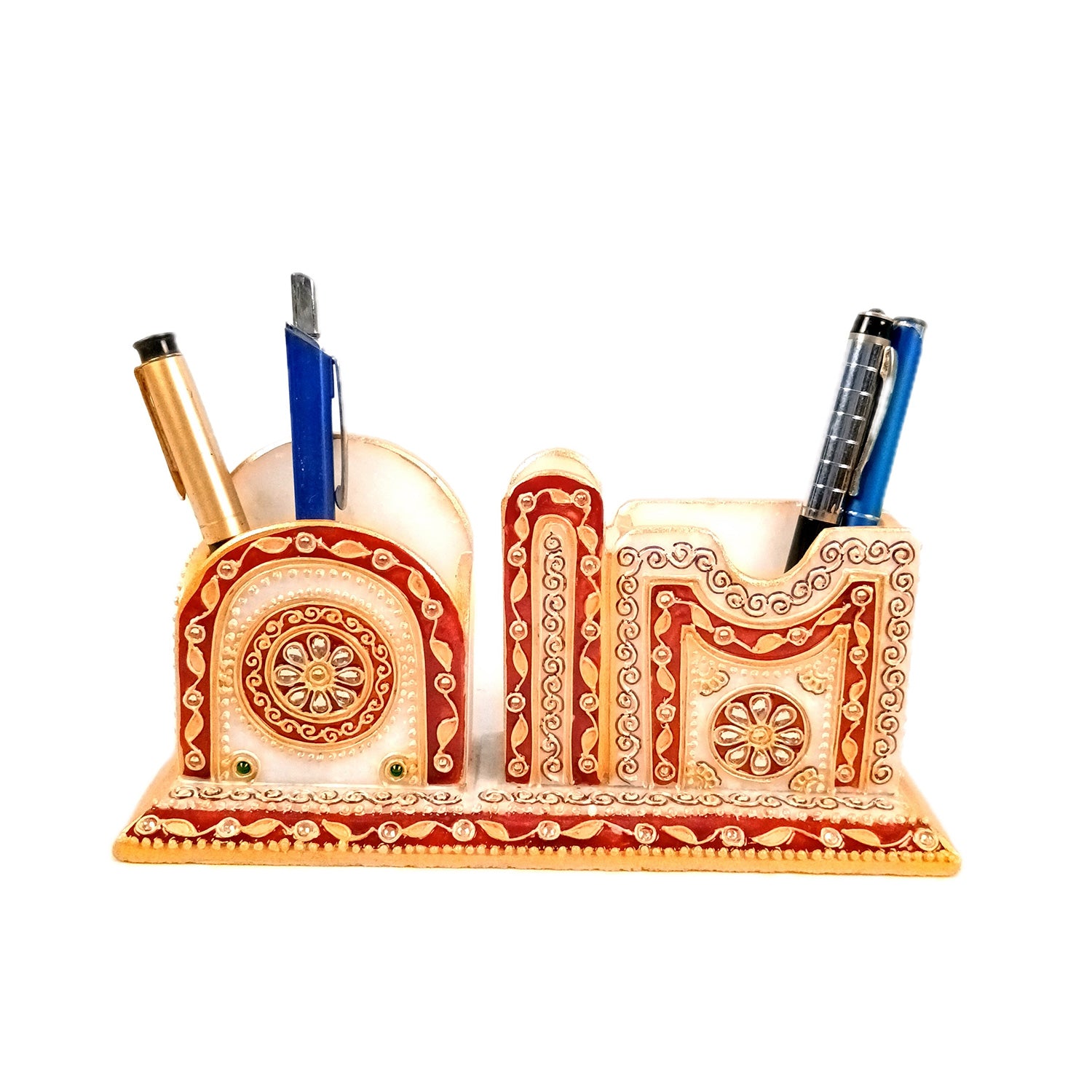 Pen Holder With Mobile & Cards Holder Marble | Cutlery Spoon & Fork Holder with 3 Compartments | Multipurpose Organizer  - For Study Table, Desk, Stationary, Office, Dining Table, Kitchen, Home Decor - 9 Inch - Apkamart