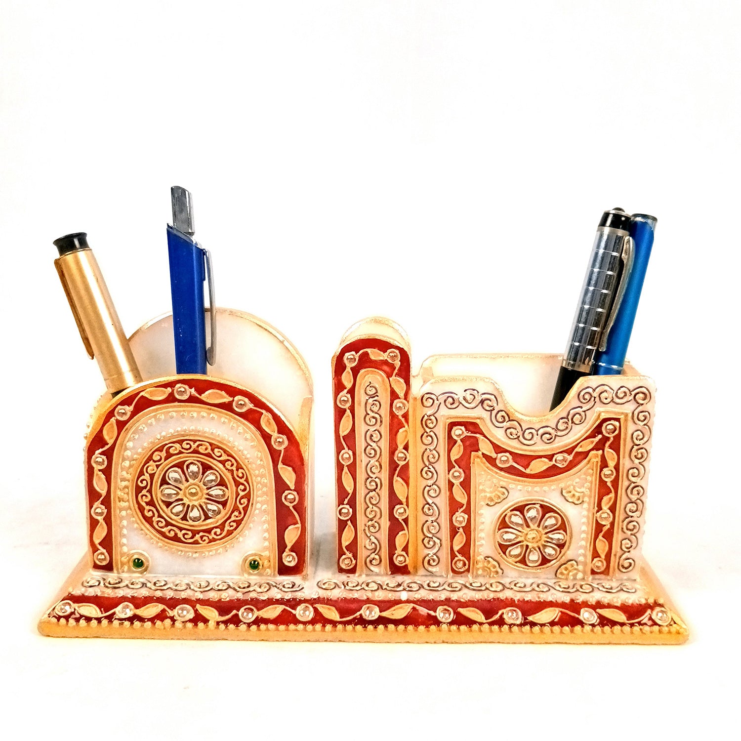 Pen Holder With Mobile & Cards Holder Marble | Cutlery Spoon & Fork Holder with 3 Compartments | Multipurpose Organizer - For Study Table, Desk, Stationary, Office, Dining Table, Kitchen, Home Decor - 9 Inch - Apkamart