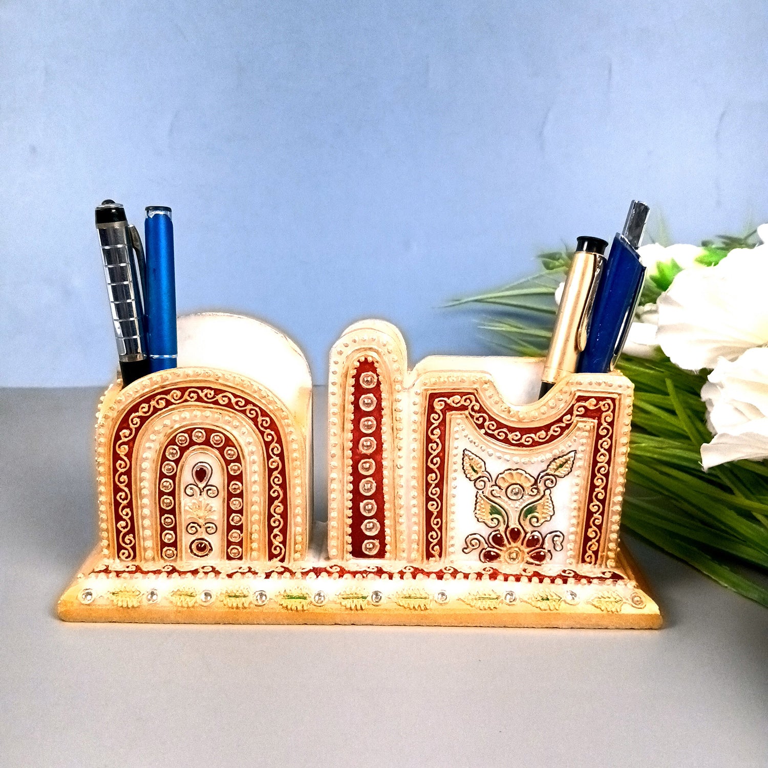 Pen Holder With Mobile & Cards Holder Marble | Cutlery Spoon & Fork Holder with 3 Compartments | Multipurpose Organizer - For Study Table, Desk, Stationary, Office, Dining Table, Kitchen, Home Decor - 9 Inch - Apkamart