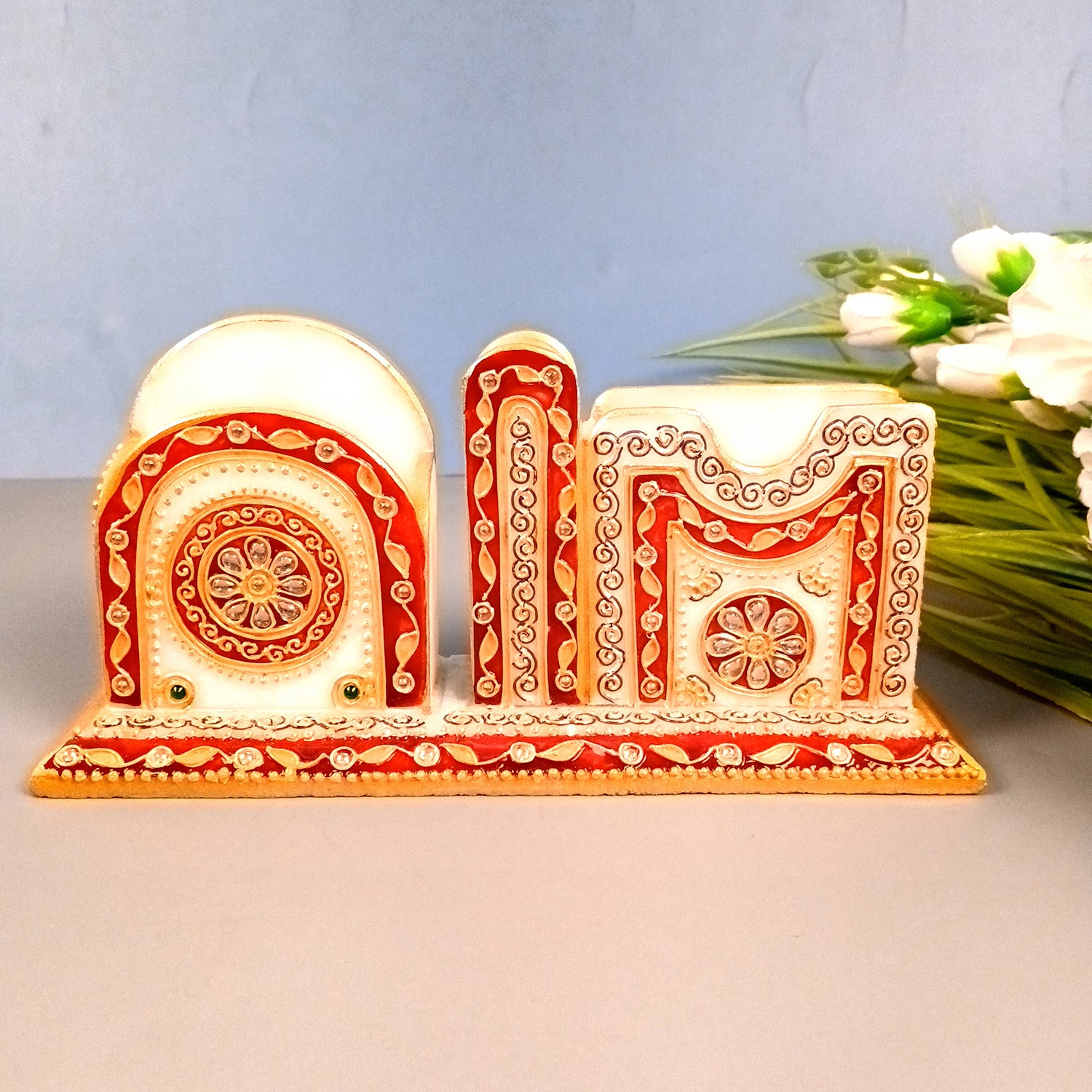 Pen Holder With Mobile & Cards Holder Marble | Cutlery Spoon & Fork Holder with 3 Compartments | Multipurpose Organizer  - For Study Table, Desk, Stationary, Office, Dining Table, Kitchen, Home Decor - 9 Inch - Apkamart