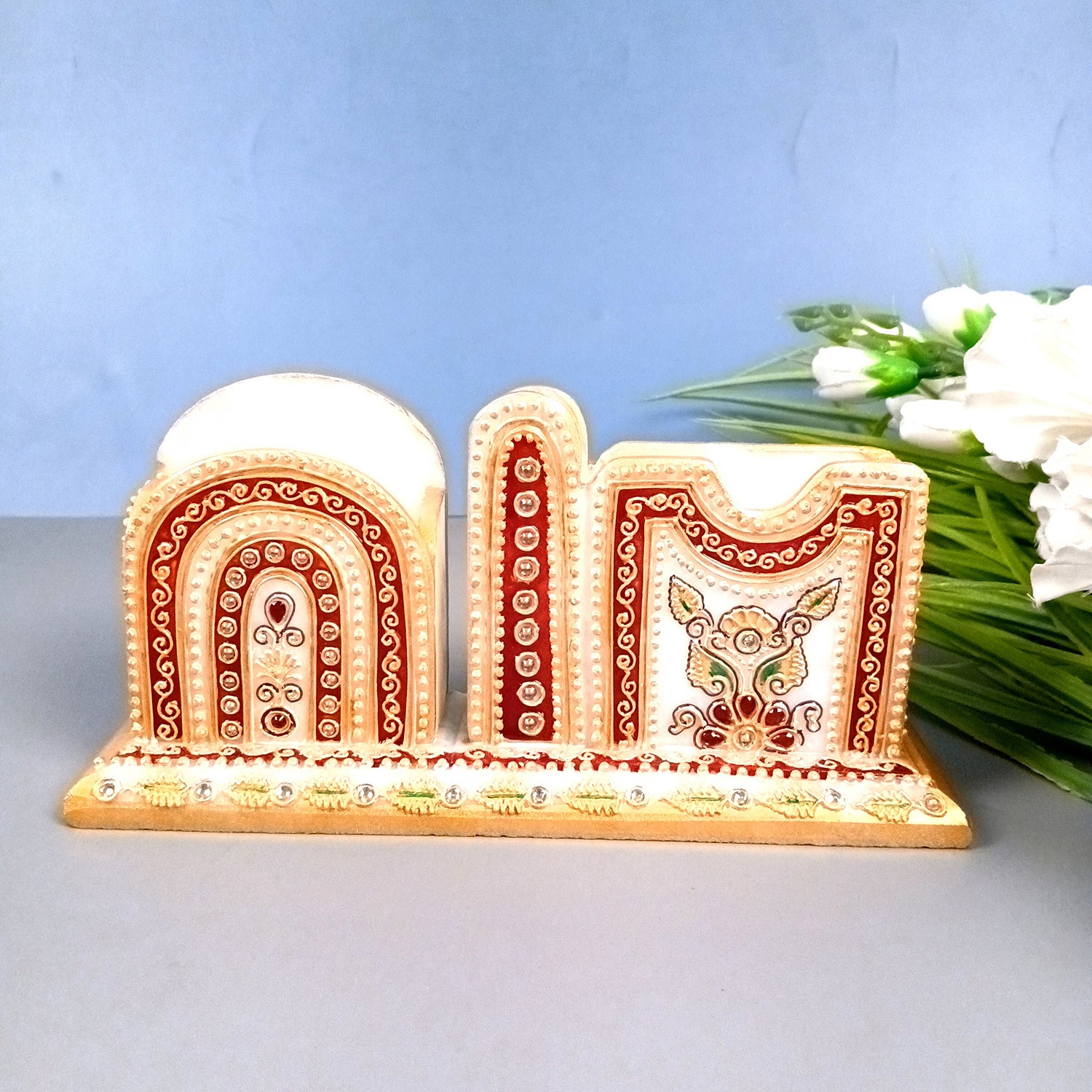 Pen Holder With Mobile & Cards Holder Marble | Cutlery Spoon & Fork Holder with 3 Compartments | Multipurpose Organizer  - For Study Table, Desk, Stationary, Office, Dining Table, Kitchen, Home Decor - 9 Inch - Apkamart