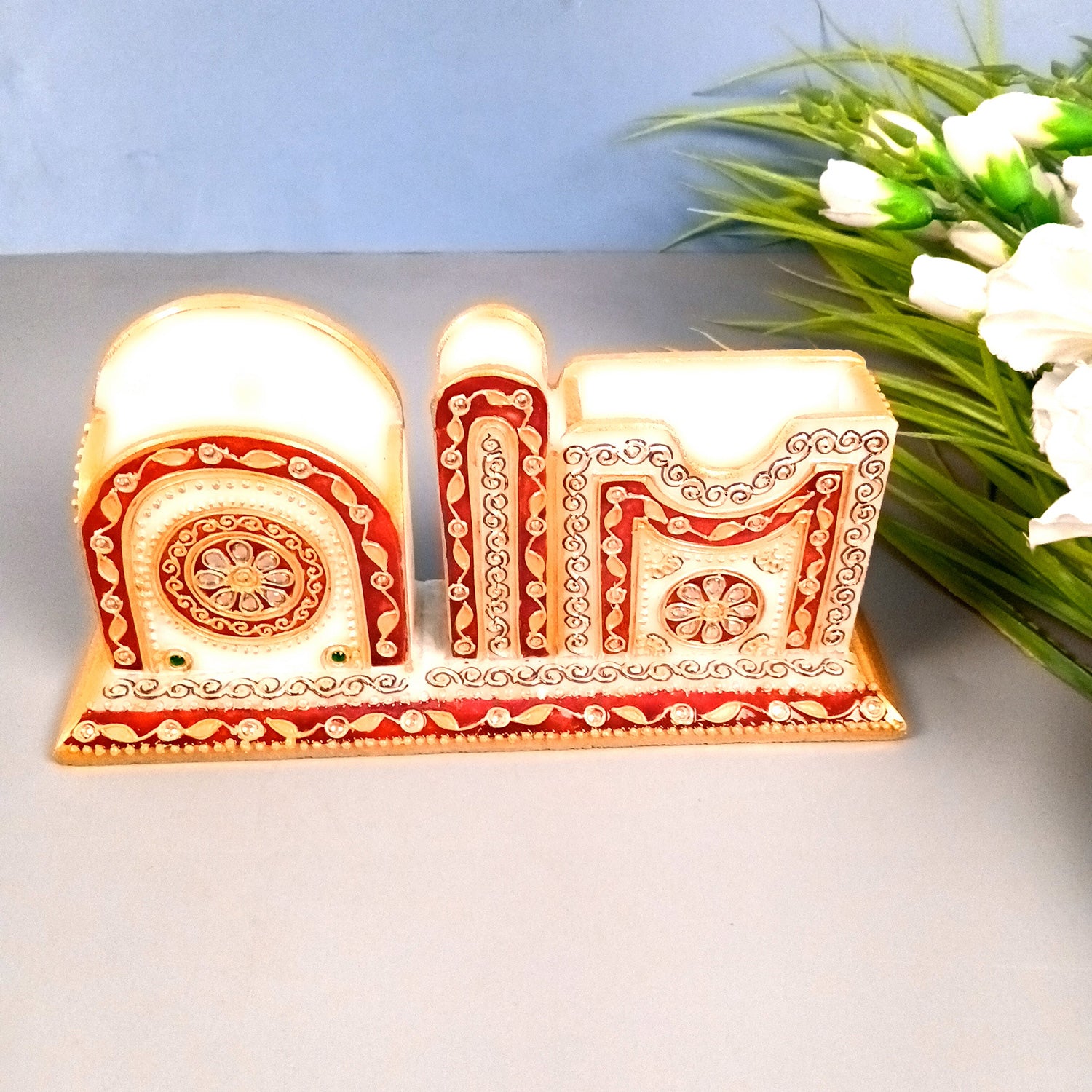 Pen Holder With Mobile & Cards Holder Marble | Cutlery Spoon & Fork Holder with 3 Compartments | Multipurpose Organizer - For Study Table, Desk, Stationary, Office, Dining Table, Kitchen, Home Decor - 9 Inch - Apkamart